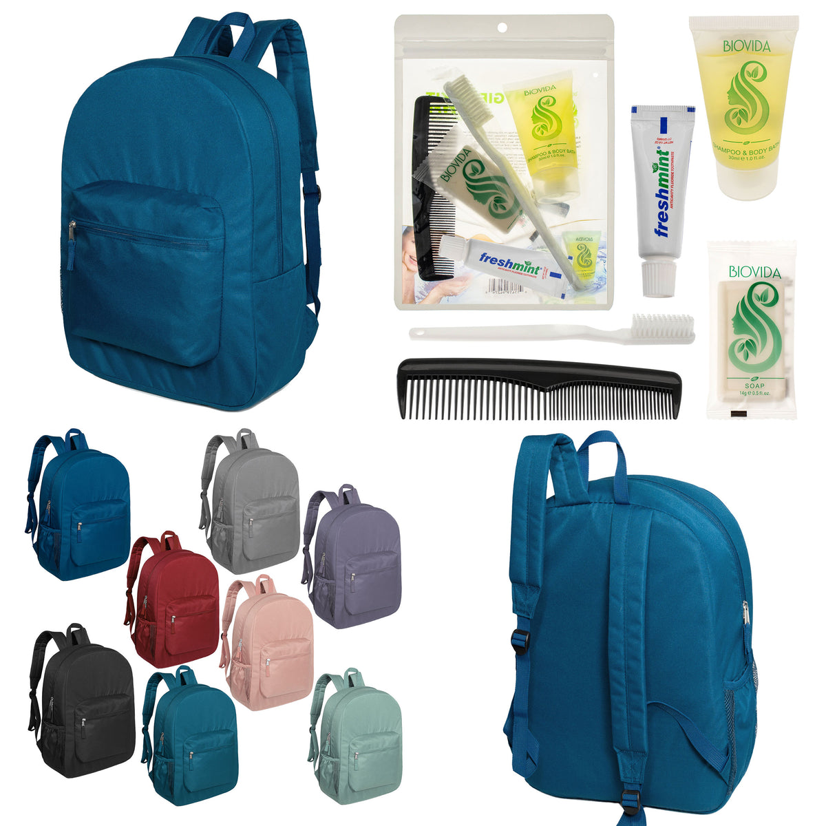 12 Premium 17" Backpacks in 8 Colors & Your Choice of 12 Bulk Hygiene Kits - Wholesale Care Package: Homeless, Emergency, Charity