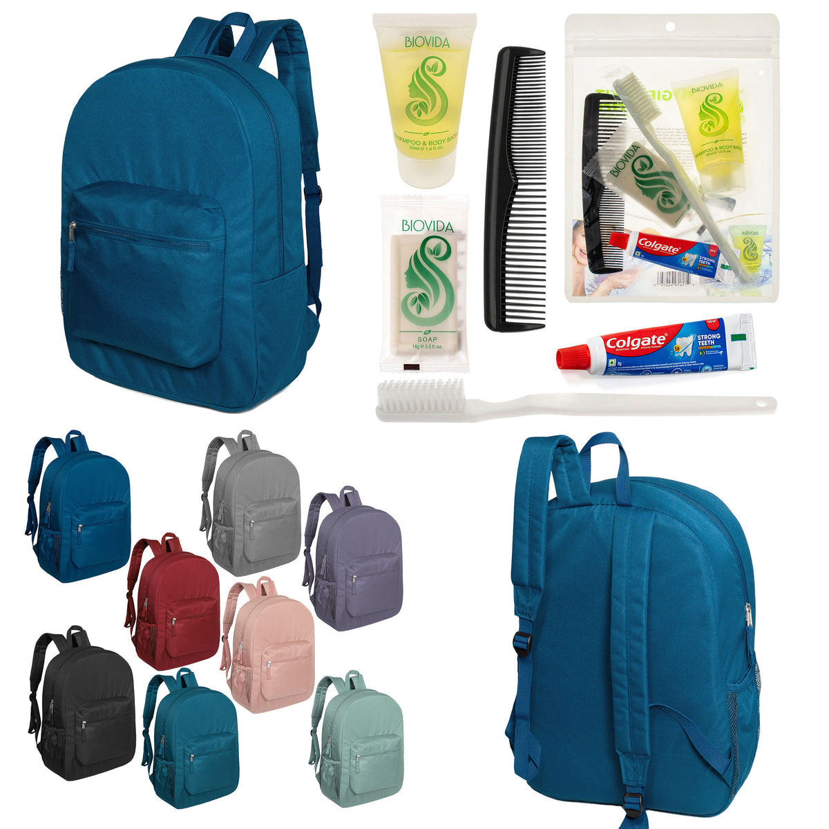 12 Premium 17" Backpacks in 8 Colors & Your Choice of 12 Bulk Hygiene Kits - Wholesale Care Package: Homeless, Emergency, Charity