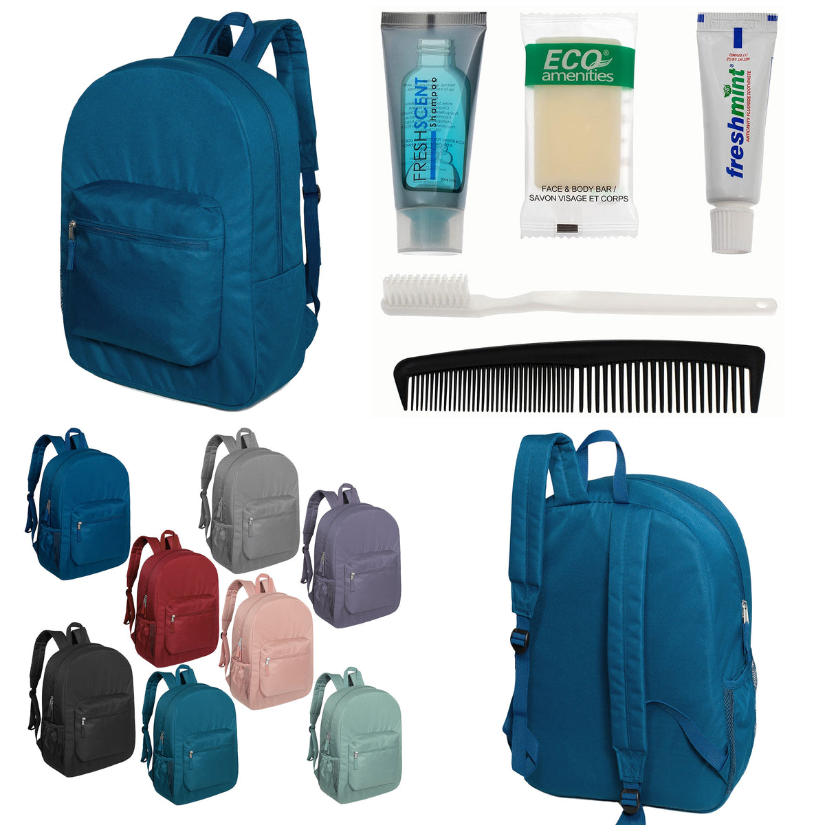 12 Premium 17" Backpacks in 8 Colors & Your Choice of 12 Bulk Hygiene Kits - Wholesale Care Package: Homeless, Emergency, Charity