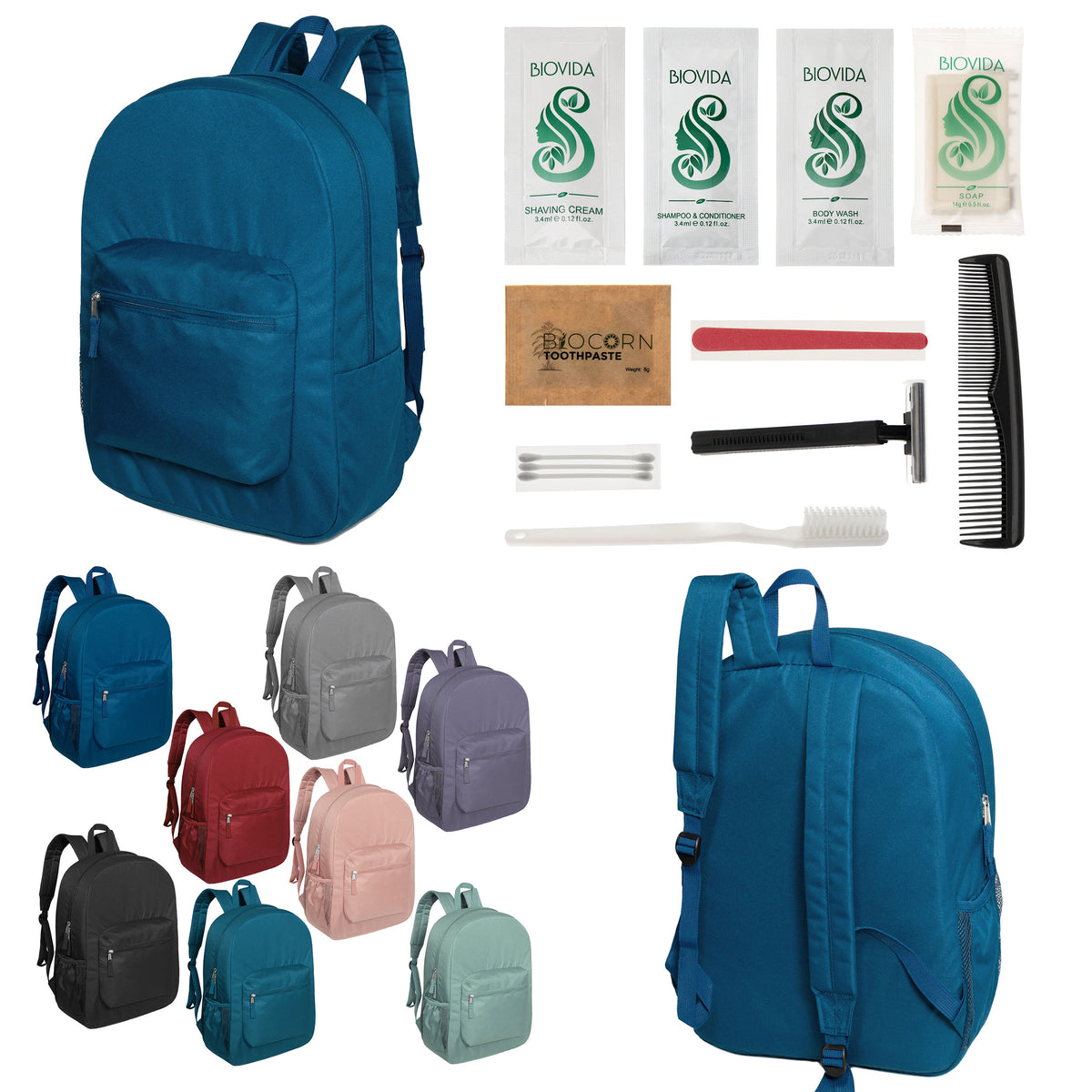 12 Premium 17" Backpacks in 8 Colors & Your Choice of 12 Bulk Hygiene Kits - Wholesale Care Package: Homeless, Emergency, Charity