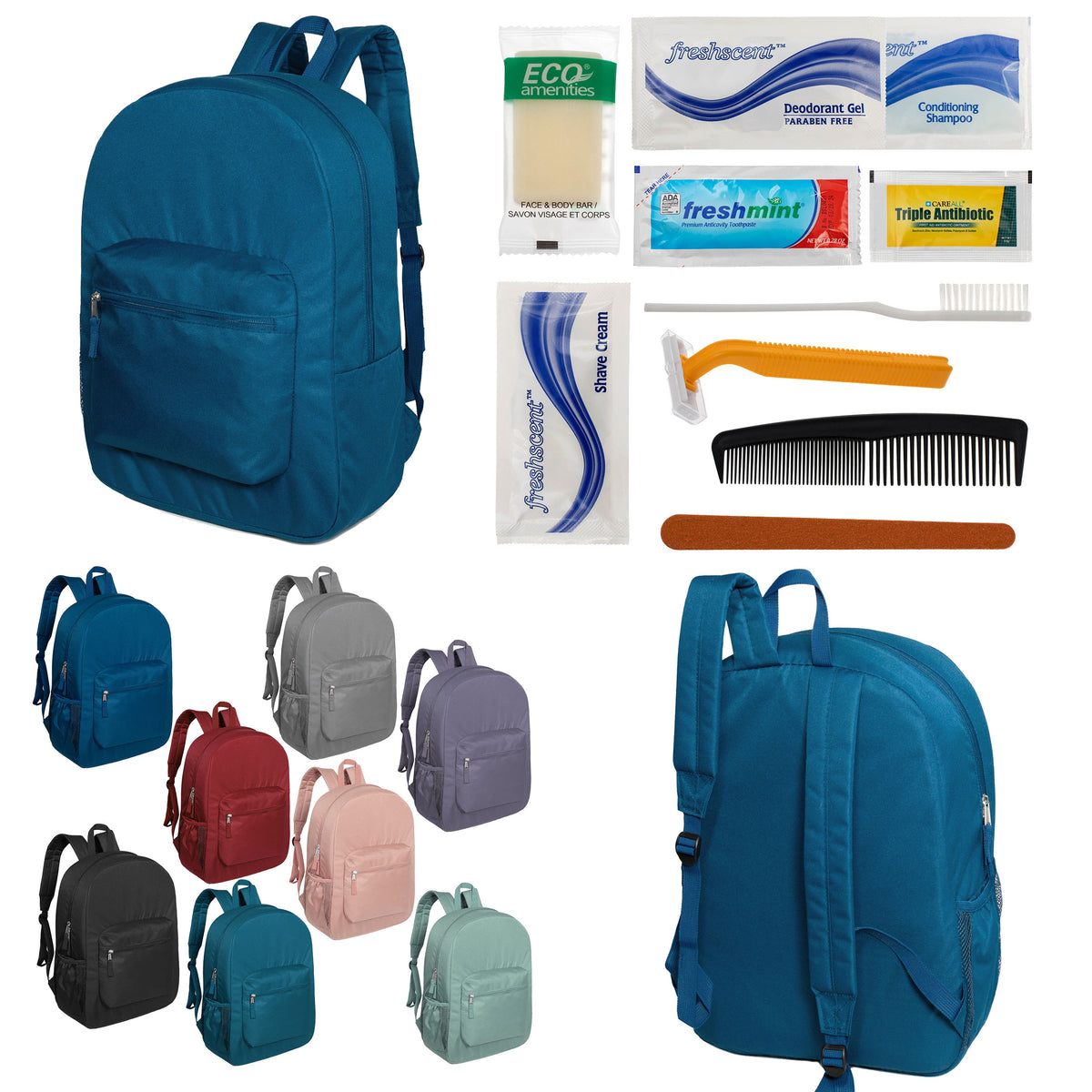 12 Premium 17" Backpacks in 8 Colors & Your Choice of 12 Bulk Hygiene Kits - Wholesale Care Package: Homeless, Emergency, Charity
