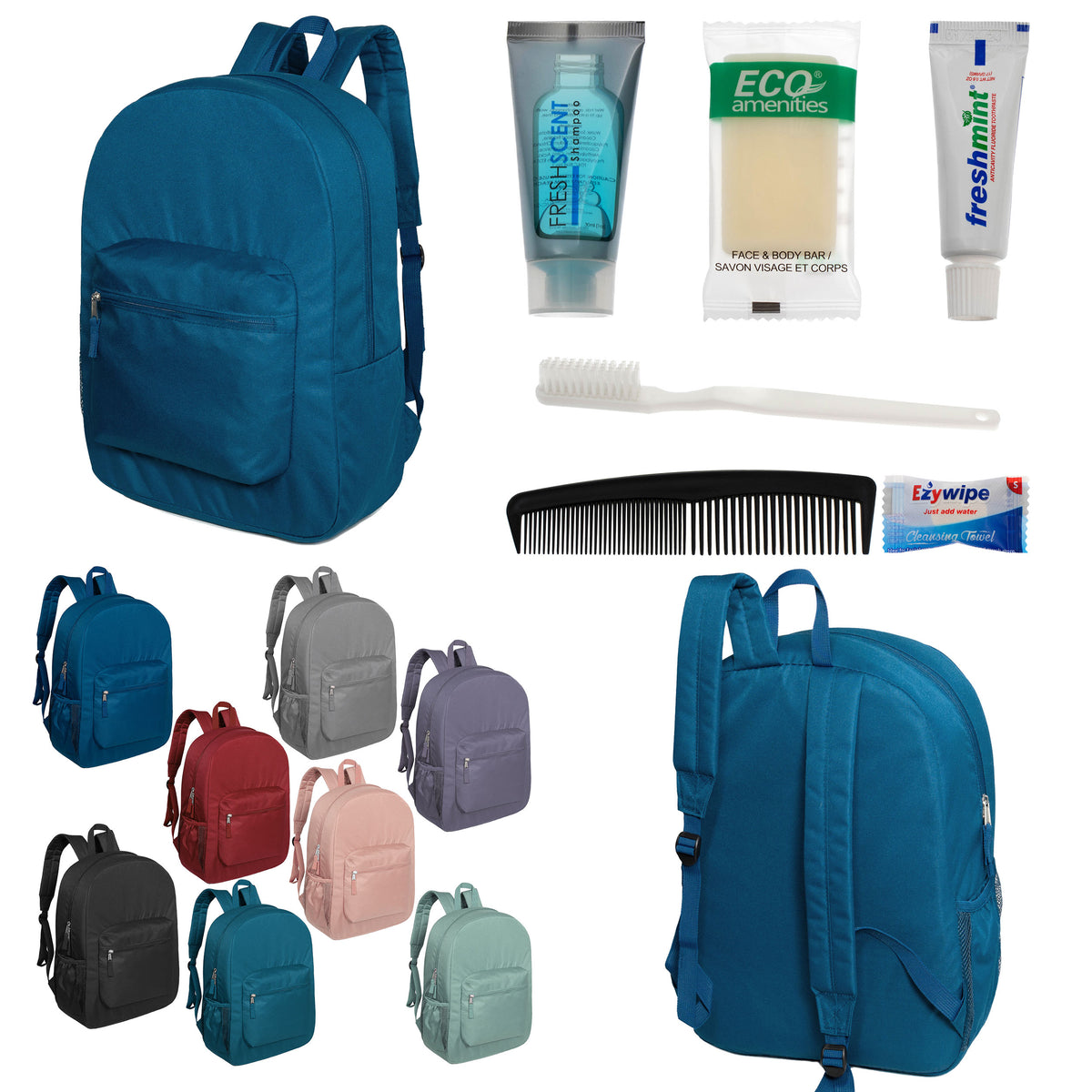 12 Premium 17" Backpacks in 8 Colors & Your Choice of 12 Bulk Hygiene Kits - Wholesale Care Package: Homeless, Emergency, Charity