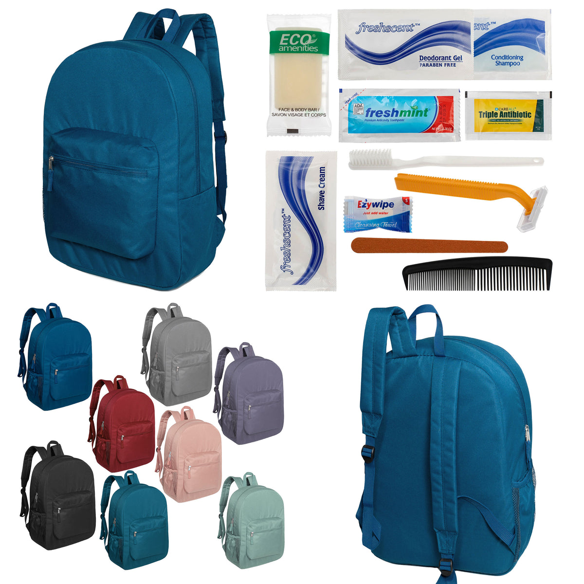 12 Premium 17" Backpacks in 8 Colors & Your Choice of 12 Bulk Hygiene Kits - Wholesale Care Package: Homeless, Emergency, Charity