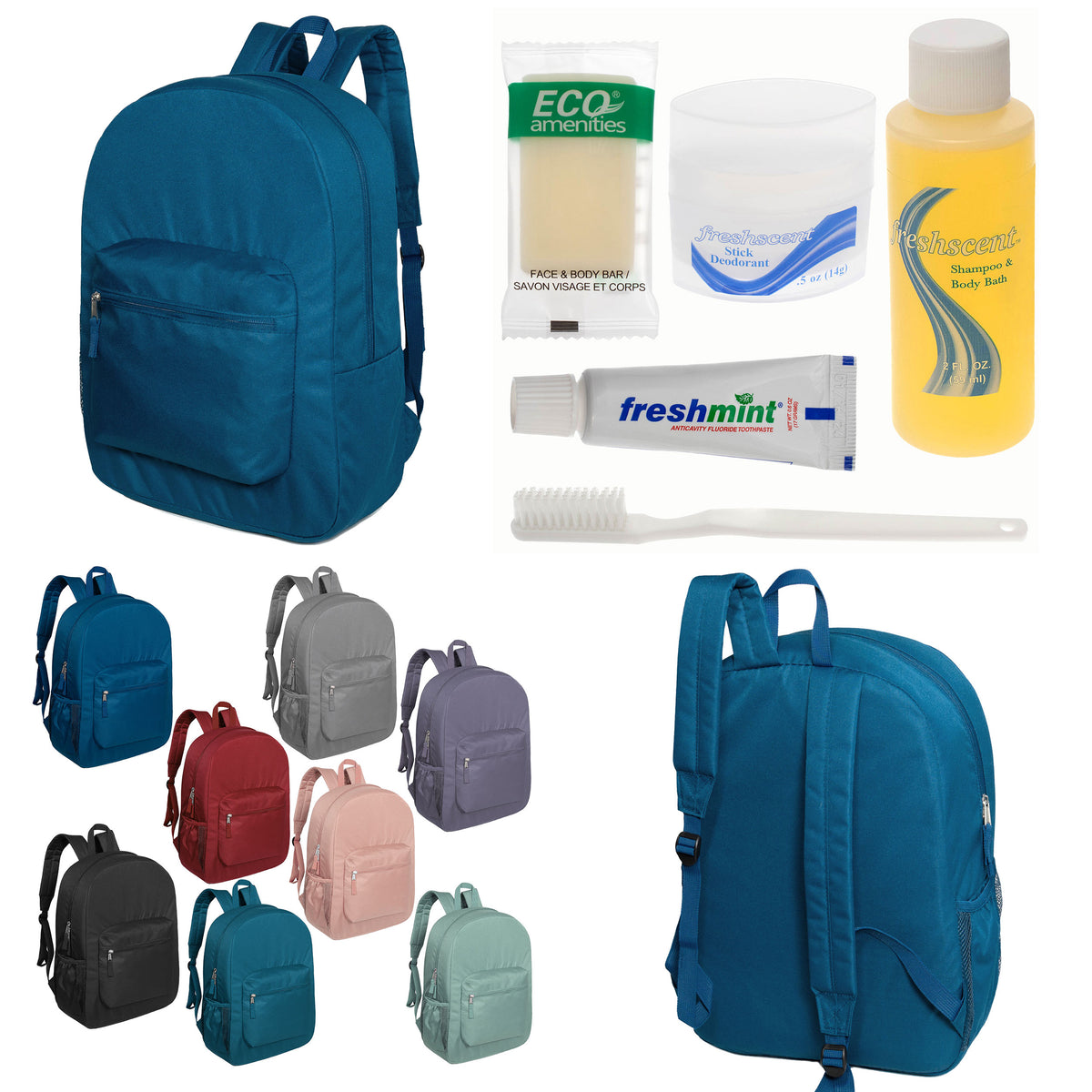 12 Premium 17" Backpacks in 8 Colors & Your Choice of 12 Bulk Hygiene Kits - Wholesale Care Package: Homeless, Emergency, Charity