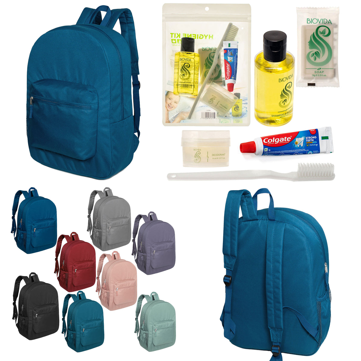 12 Premium 17" Backpacks in 8 Colors & Your Choice of 12 Bulk Hygiene Kits - Wholesale Care Package: Homeless, Emergency, Charity