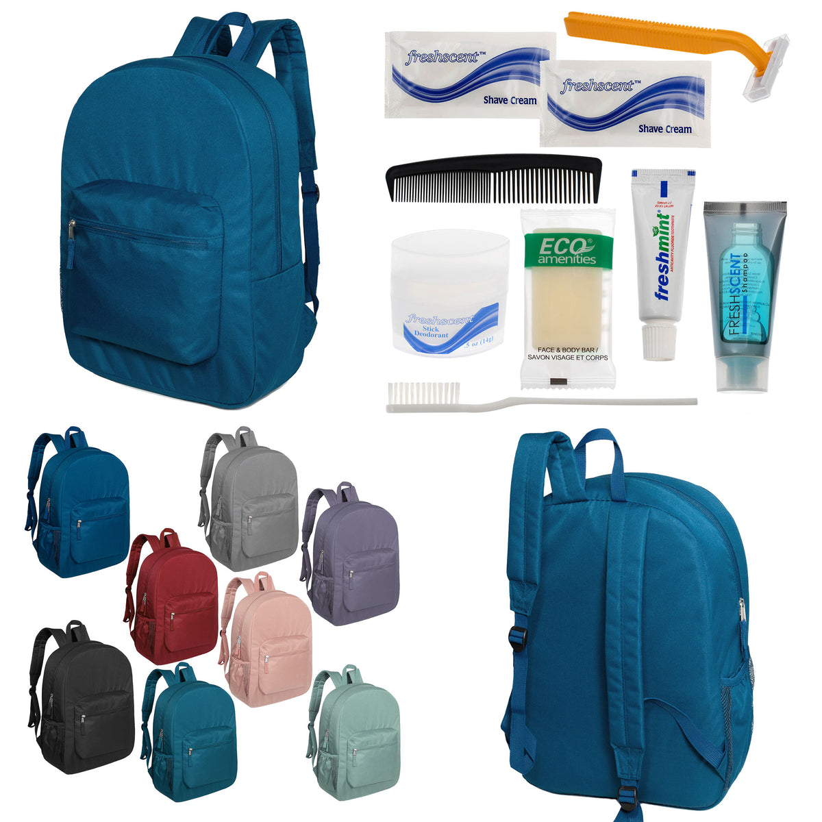 12 Premium 17" Backpacks in 8 Colors & Your Choice of 12 Bulk Hygiene Kits - Wholesale Care Package: Homeless, Emergency, Charity