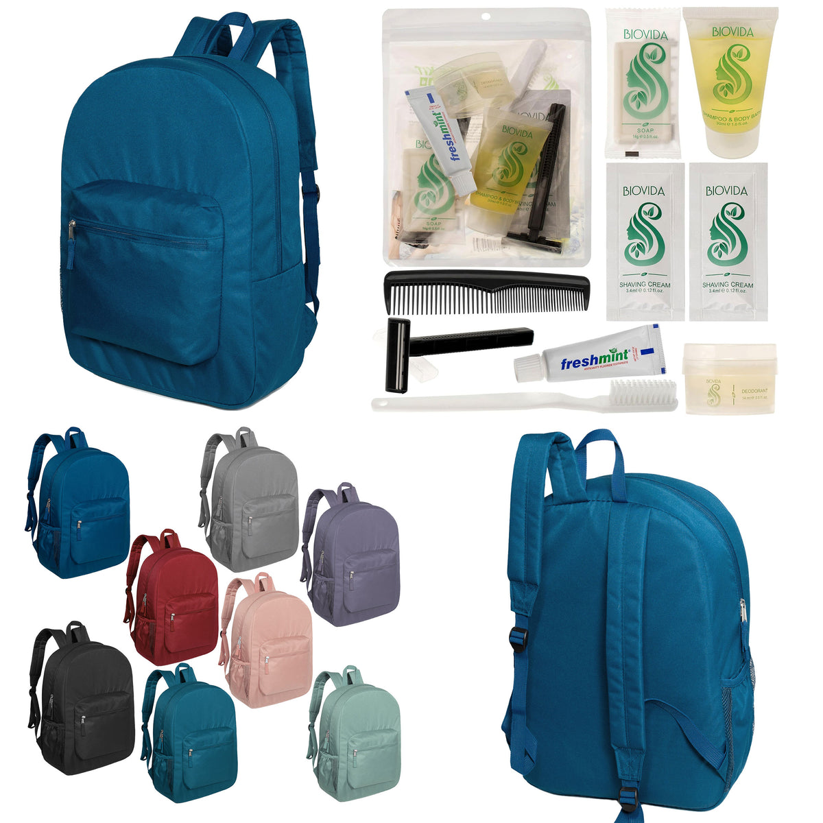 12 Premium 17" Backpacks in 8 Colors & Your Choice of 12 Bulk Hygiene Kits - Wholesale Care Package: Homeless, Emergency, Charity