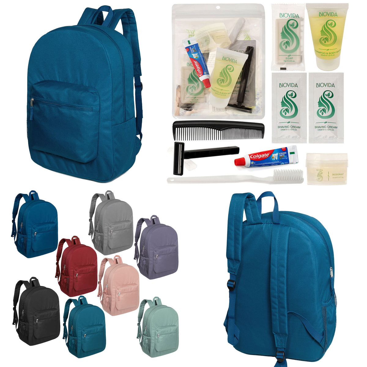 12 Premium 17" Backpacks in 8 Colors & Your Choice of 12 Bulk Hygiene Kits - Wholesale Care Package: Homeless, Emergency, Charity