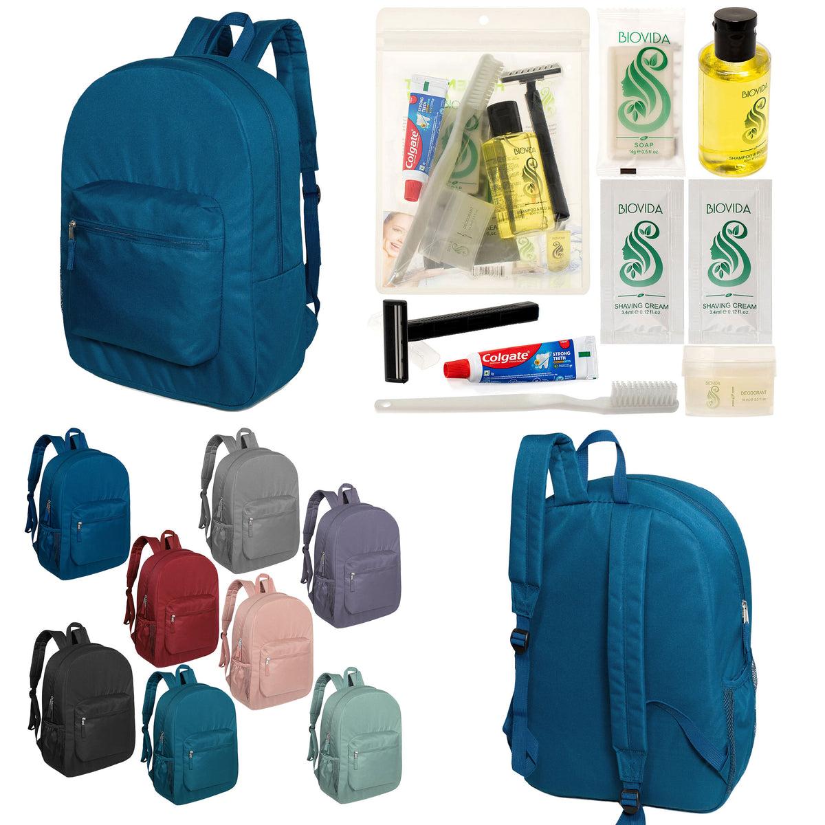 12 Premium 17" Backpacks in 8 Colors & Your Choice of 12 Bulk Hygiene Kits - Wholesale Care Package: Homeless, Emergency, Charity