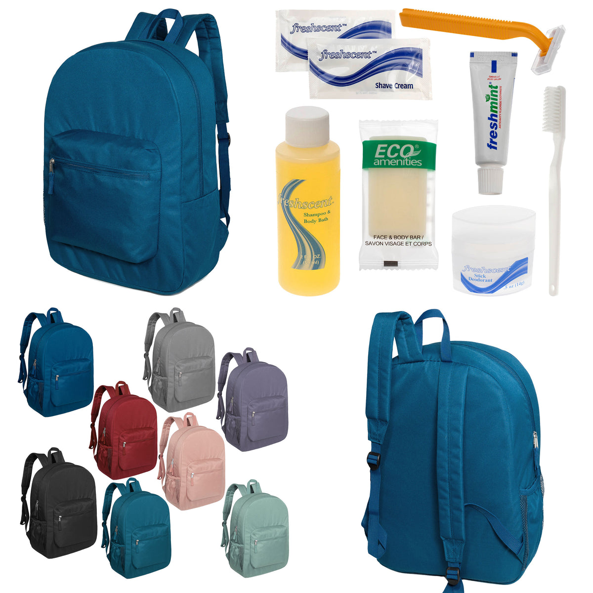 12 Premium 17" Backpacks in 8 Colors & Your Choice of 12 Bulk Hygiene Kits - Wholesale Care Package: Homeless, Emergency, Charity