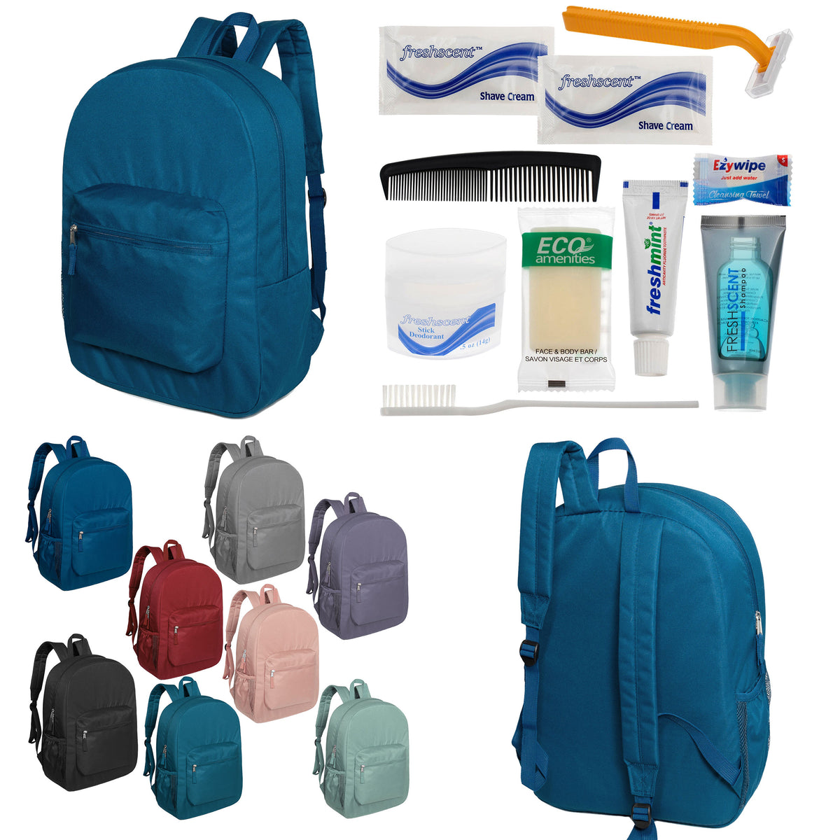 12 Premium 17" Backpacks in 8 Colors & Your Choice of 12 Bulk Hygiene Kits - Wholesale Care Package: Homeless, Emergency, Charity