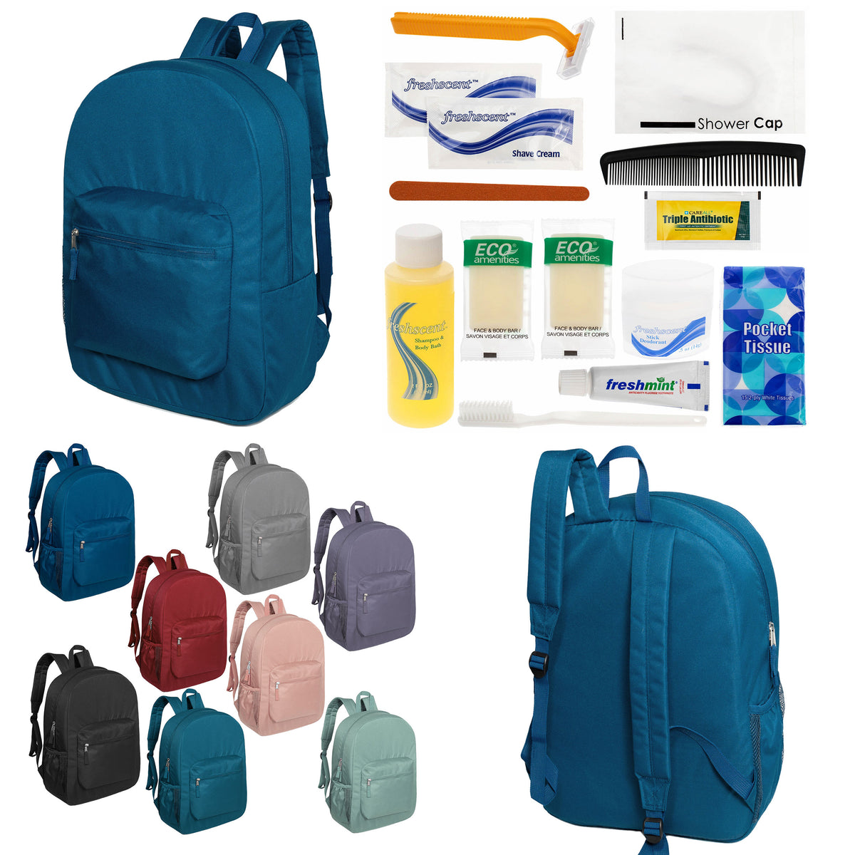 12 Premium 17" Backpacks in 8 Colors & Your Choice of 12 Bulk Hygiene Kits - Wholesale Care Package: Homeless, Emergency, Charity