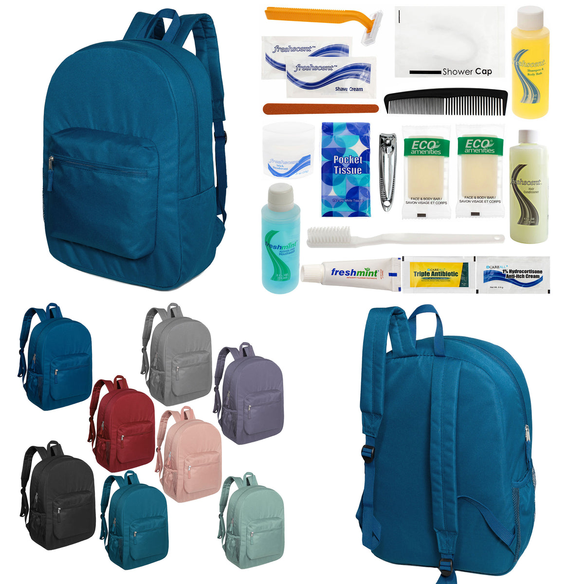 12 Premium 17" Backpacks in 8 Colors & Your Choice of 12 Bulk Hygiene Kits - Wholesale Care Package: Homeless, Emergency, Charity