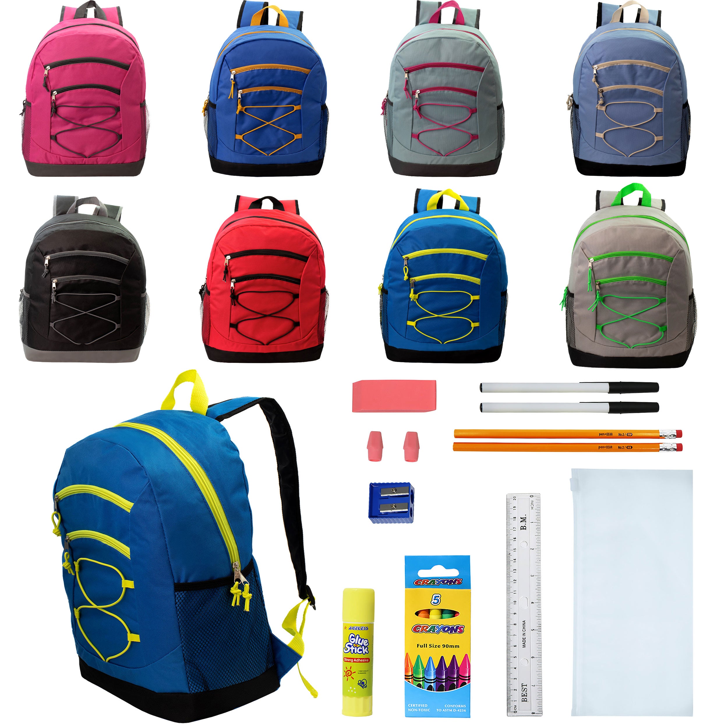 12 Bulk 17 Inch Bungee Backpacks in 8 Colors & 12 Wholesale School Supply Kits of Your Choice