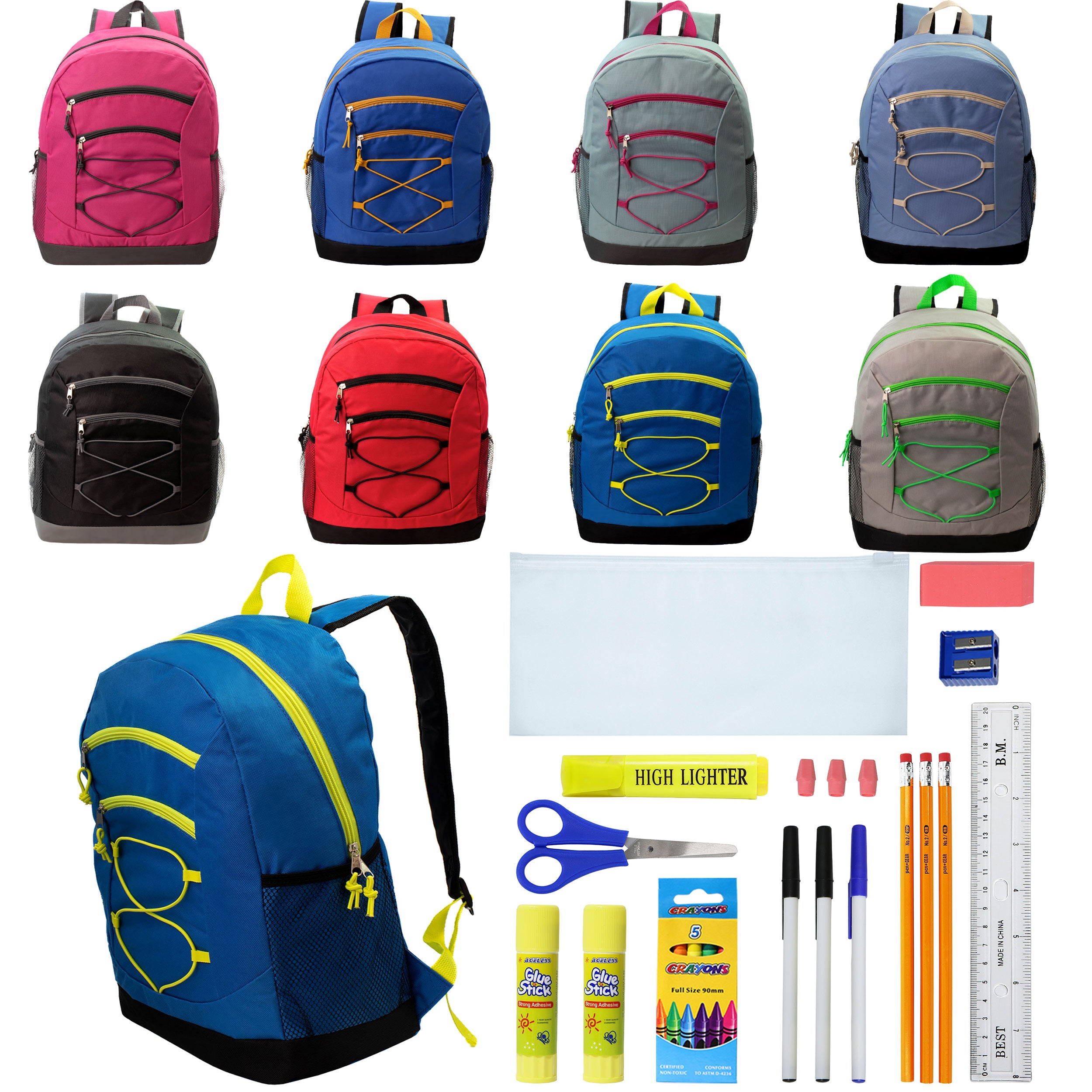 12 Bulk 17 Inch Bungee Backpacks in 8 Colors & 12 Wholesale School Supply Kits of Your Choice