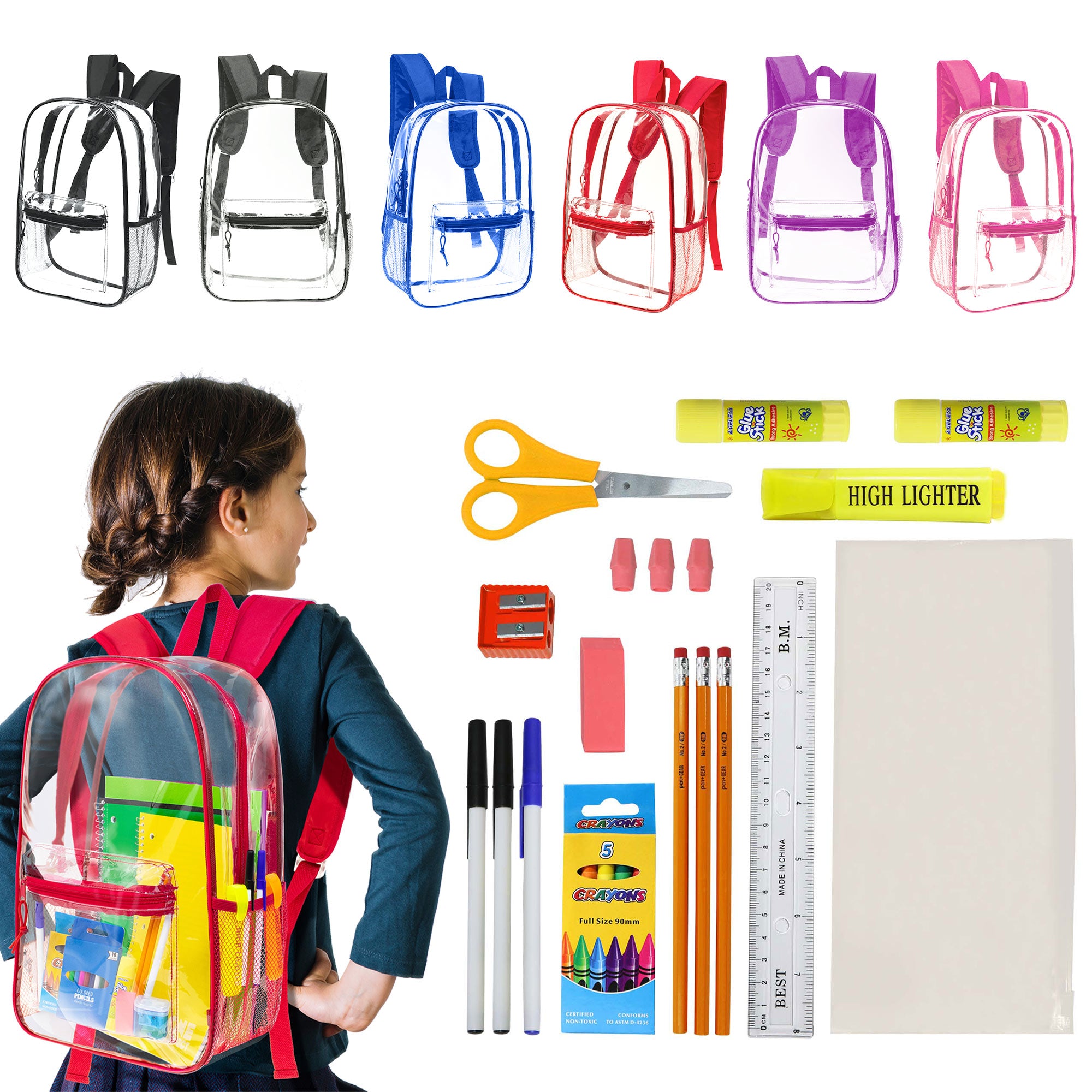got your backpack mini school kit 12 Clear Wholesale 17" Backpacks in Assorted Colors and 12 Bulk School Supply Kits of Your Choice