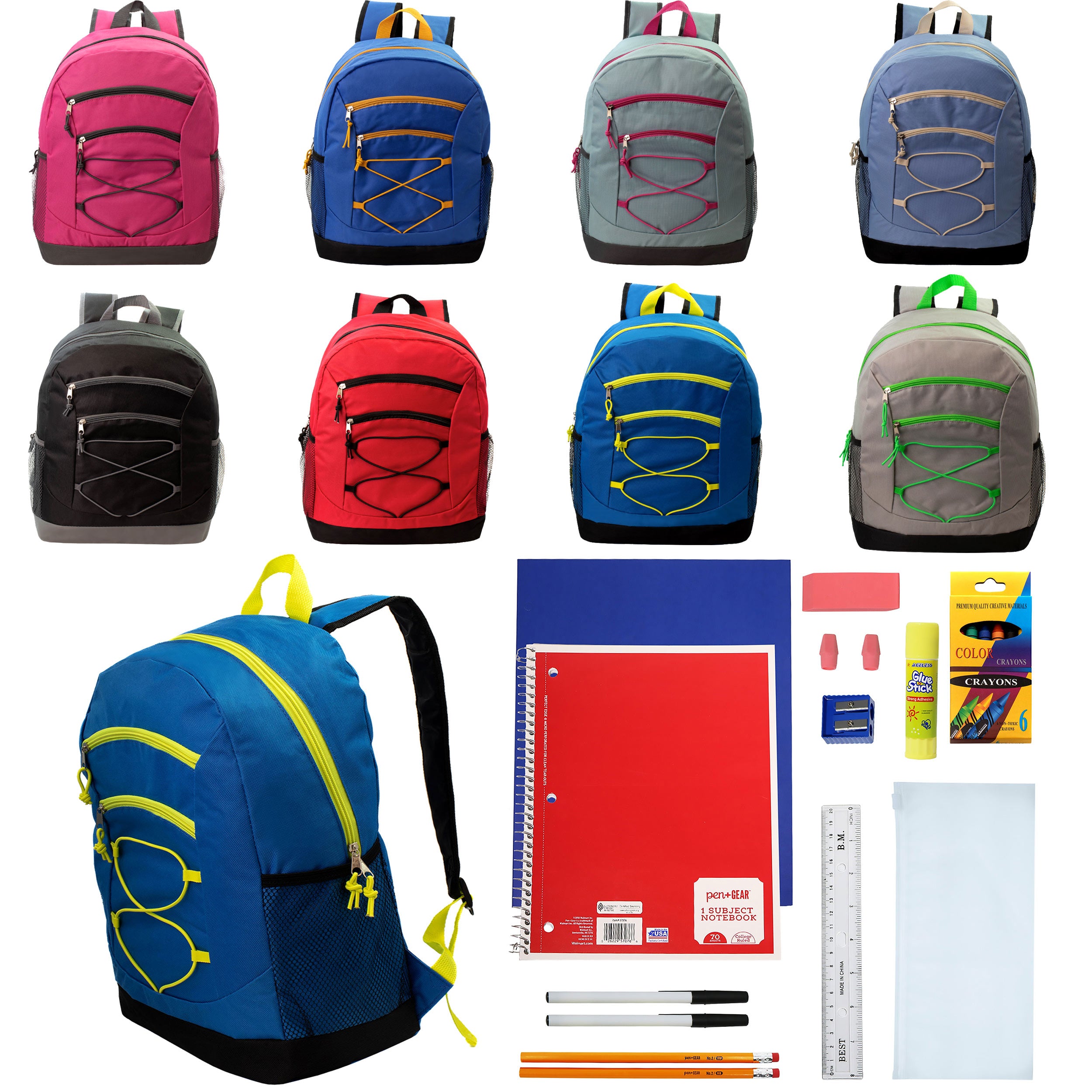 12 Bulk 17 Inch Bungee Backpacks in 8 Colors & 12 Wholesale School Supply Kits of Your Choice