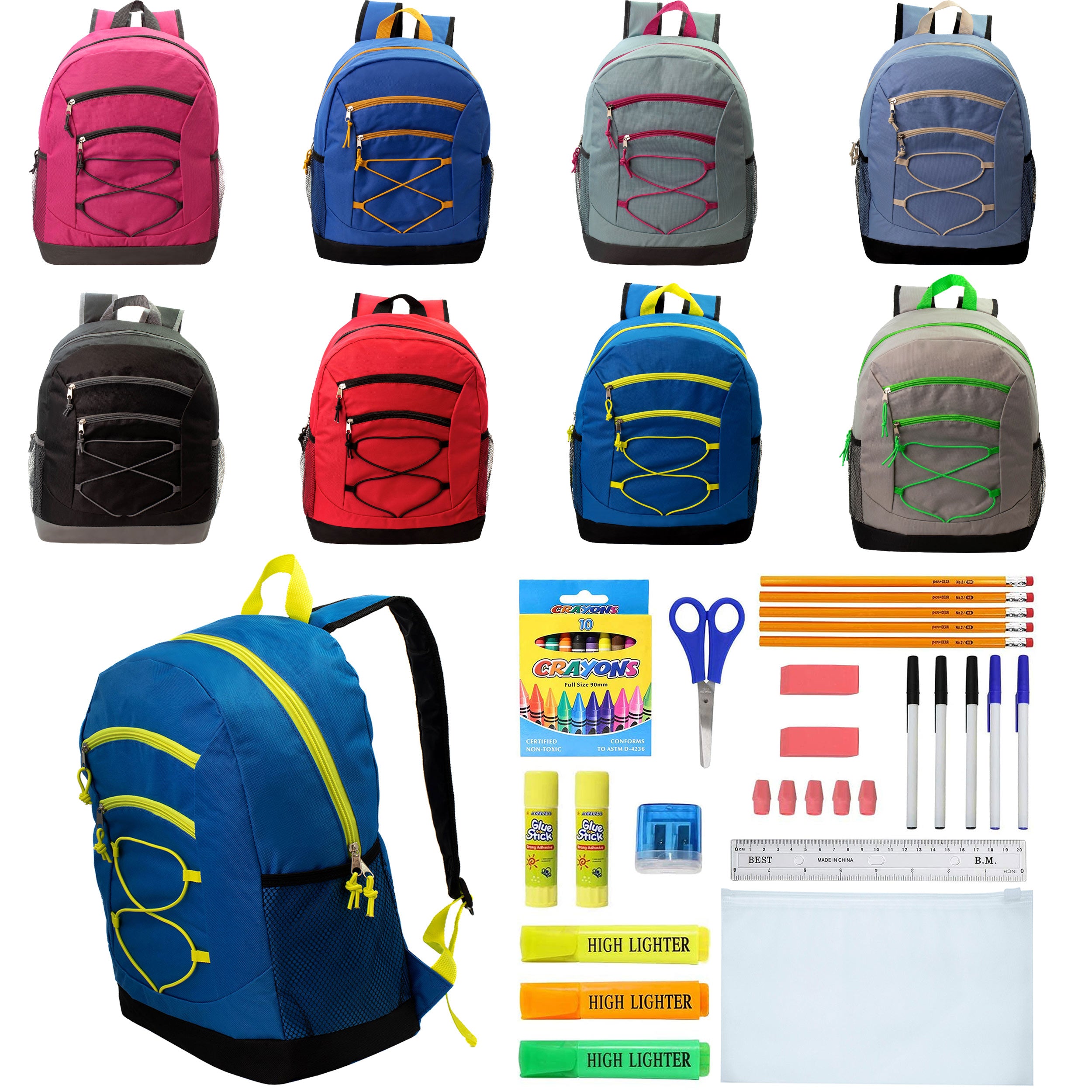 12 Bulk 17 Inch Bungee Backpacks in 8 Colors & 12 Wholesale School Supply Kits of Your Choice
