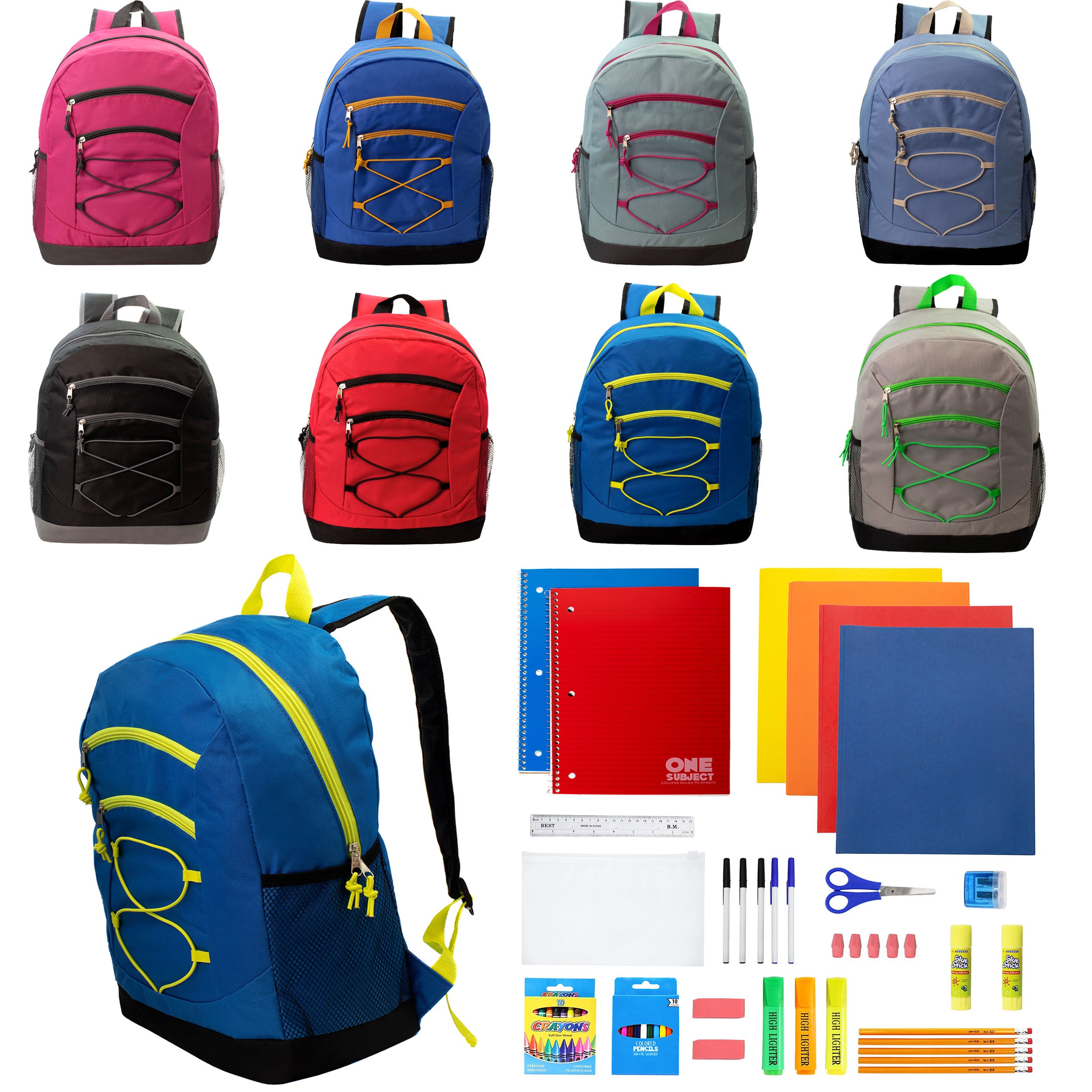 12 Bulk 17 Inch Bungee Backpacks in 8 Colors & 12 Wholesale School Supply Kits of Your Choice
