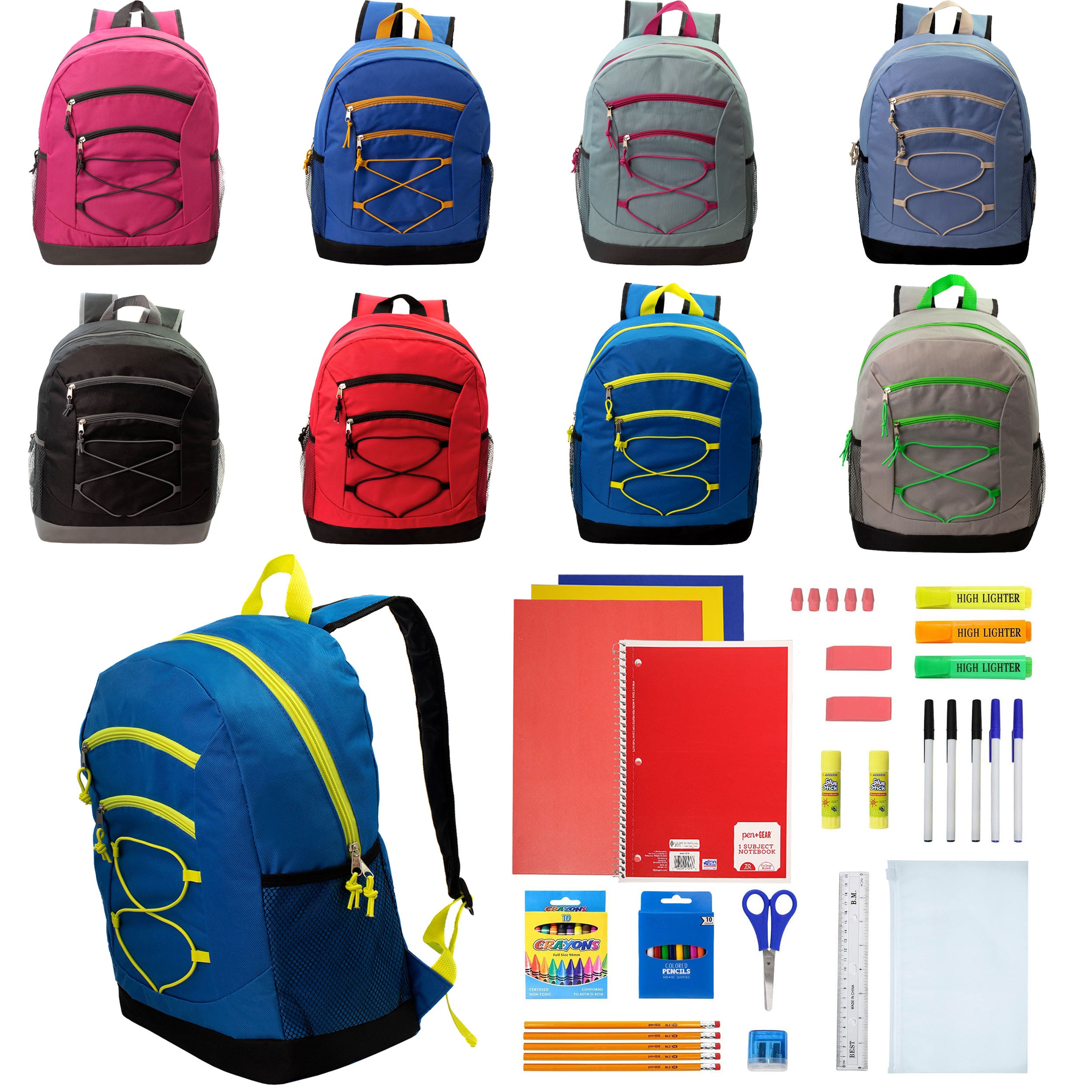 12 Bulk 17 Inch Bungee Backpacks in 8 Colors & 12 Wholesale School Supply Kits of Your Choice