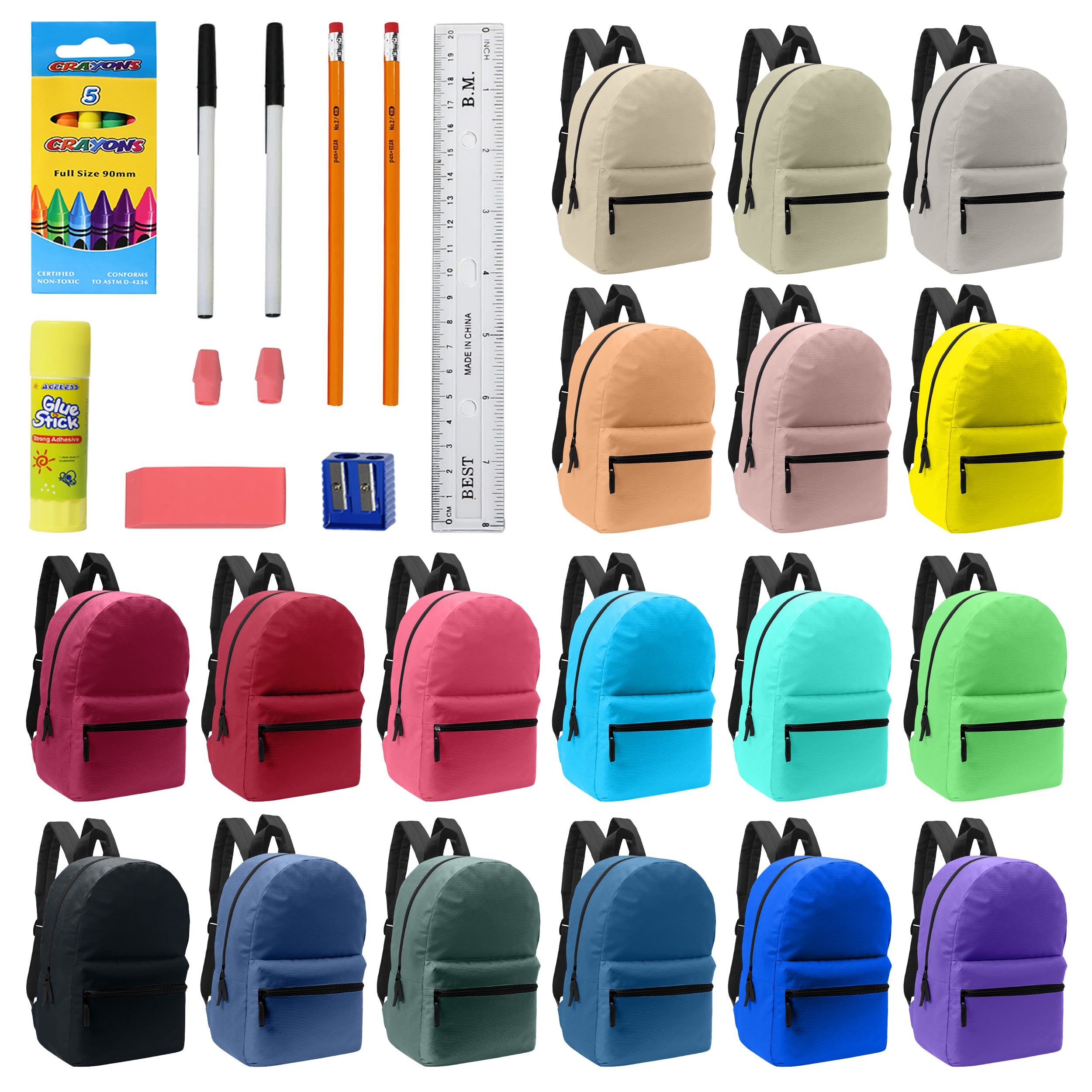 Random Backpack 12 Wholesale Backpacks in random Colors & 12 Bulk School Supply Kits