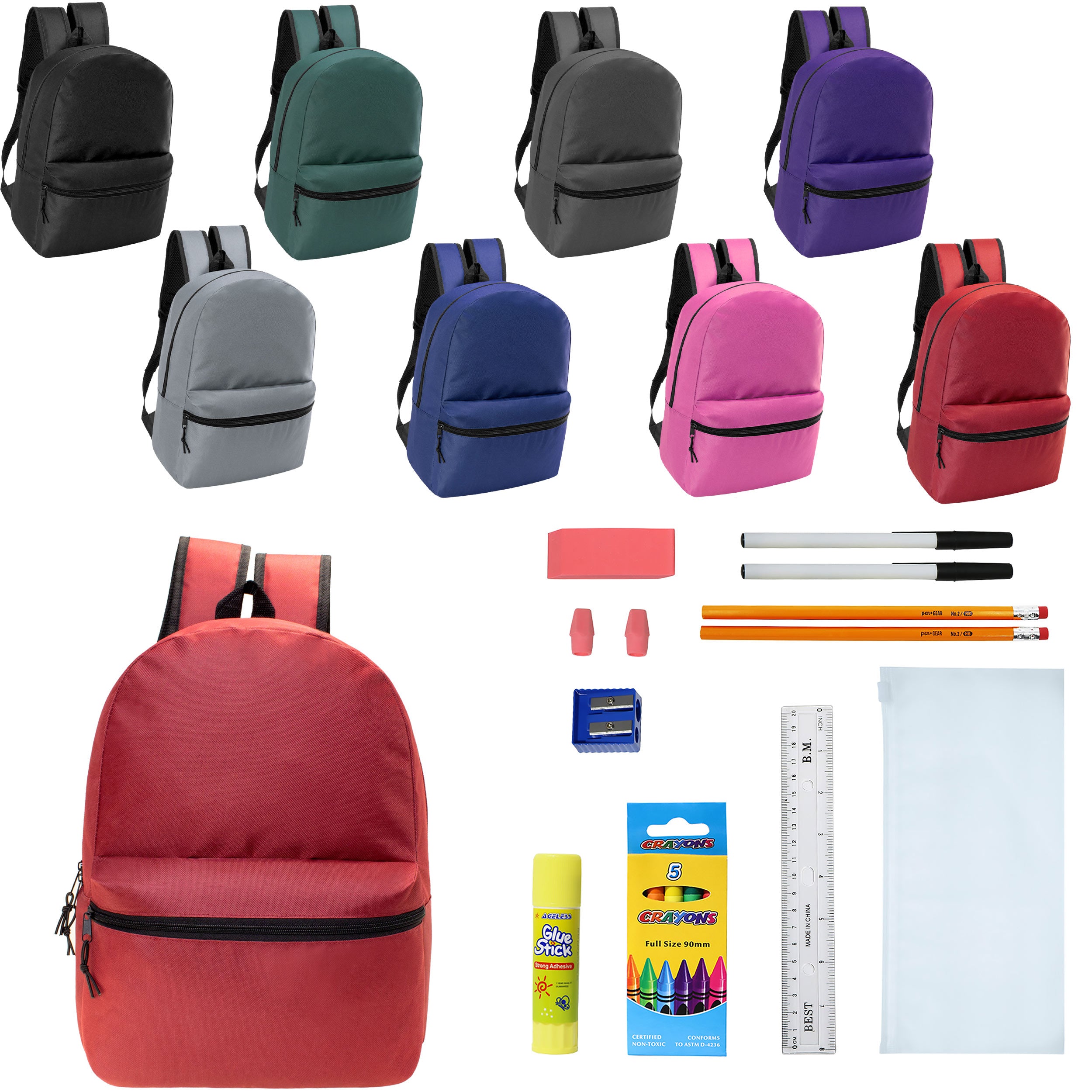 glue mini backpacks 12 Wholesale 17" Basic Wholesale Backpack in 8 Colors & 12 Bulk School Supply Kits of Your Choice