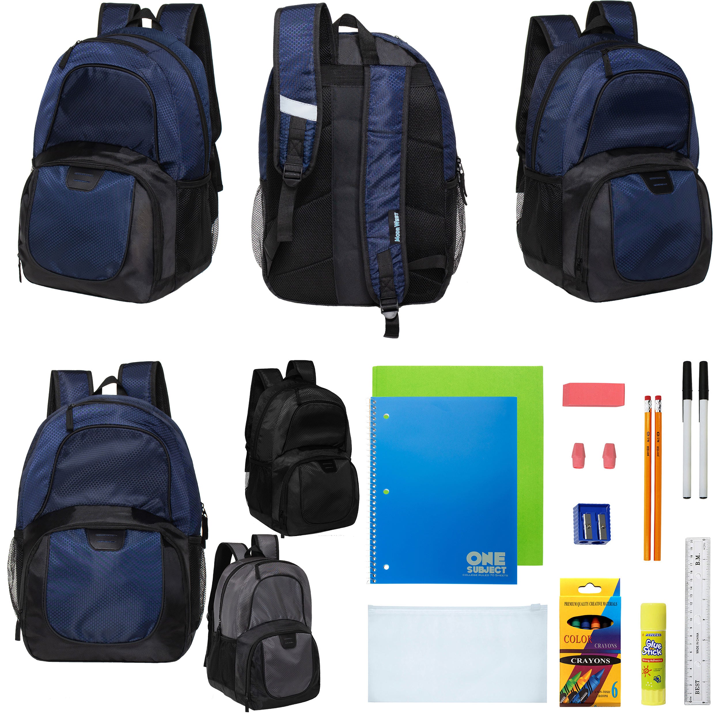 12 Deluxe Wholesale 18" Backpacks w/an Organizer & Laptop Sleeve & 12 Bulk School Supply Kits of Your Choice