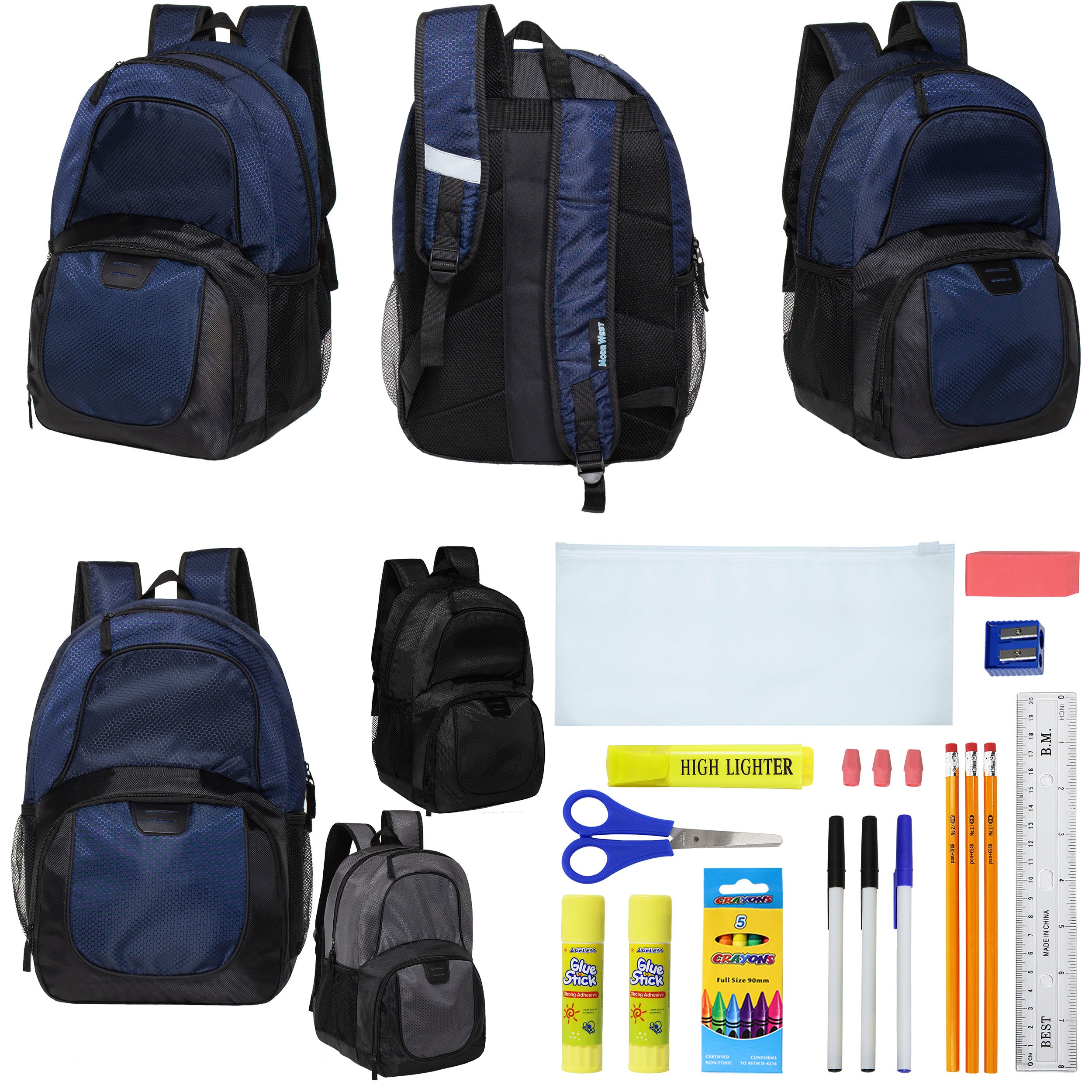 12 Deluxe Wholesale 18" Backpacks w/an Organizer & Laptop Sleeve & 12 Bulk School Supply Kits of Your Choice