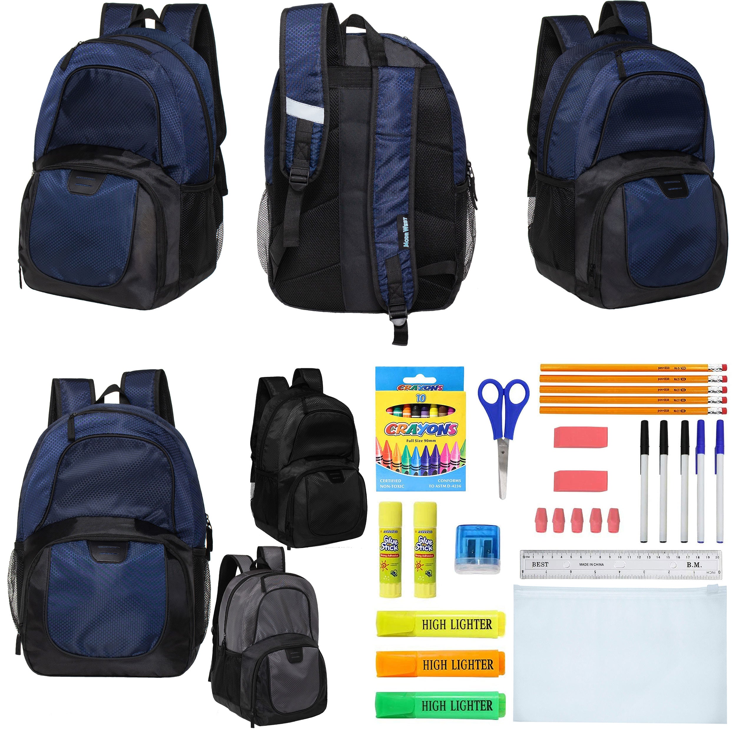 12 Deluxe Wholesale 18" Backpacks w/an Organizer & Laptop Sleeve & 12 Bulk School Supply Kits of Your Choice