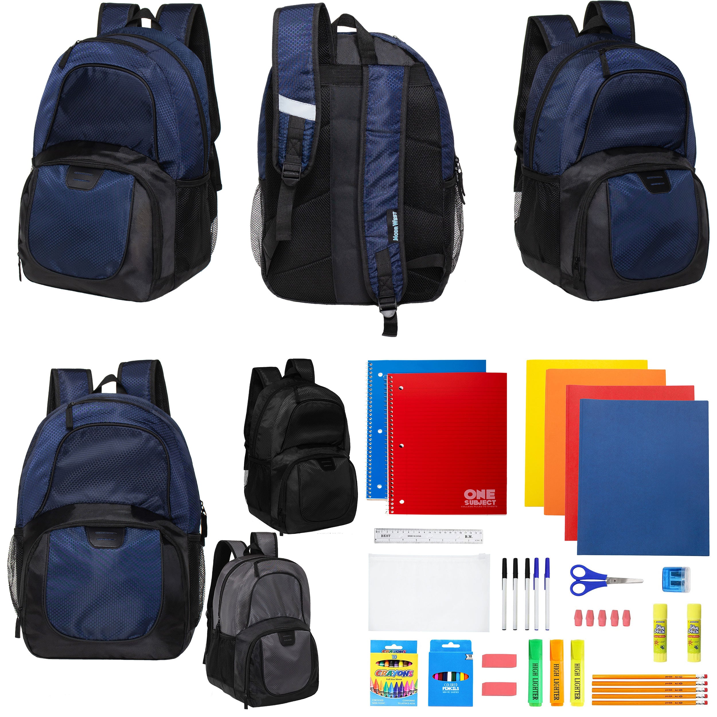 12 Deluxe Wholesale 18" Backpacks w/an Organizer & Laptop Sleeve & 12 Bulk School Supply Kits of Your Choice