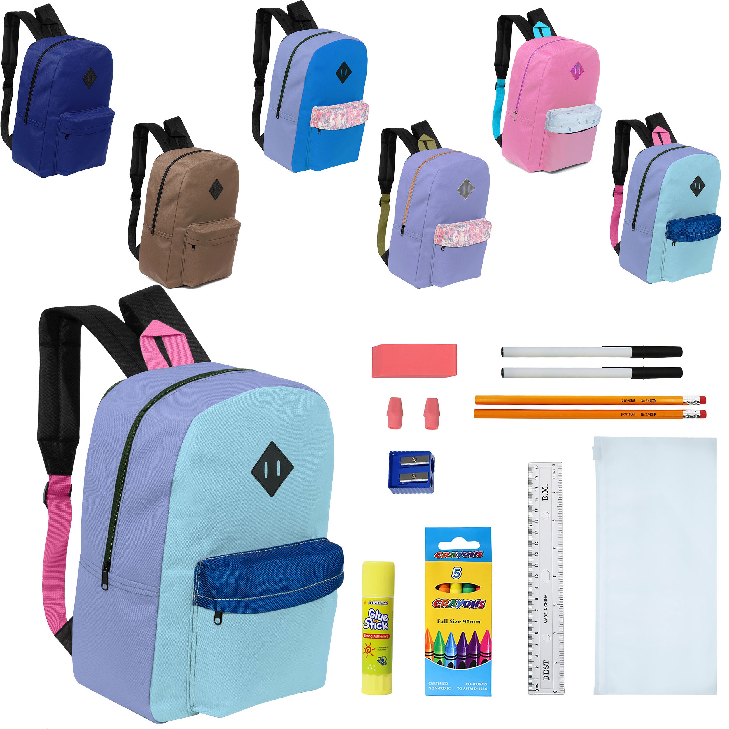 12 Wholesale 17" Padded Backpacks in 6 Random Prints & 12 Bulk School Supply Kits of Your Choice