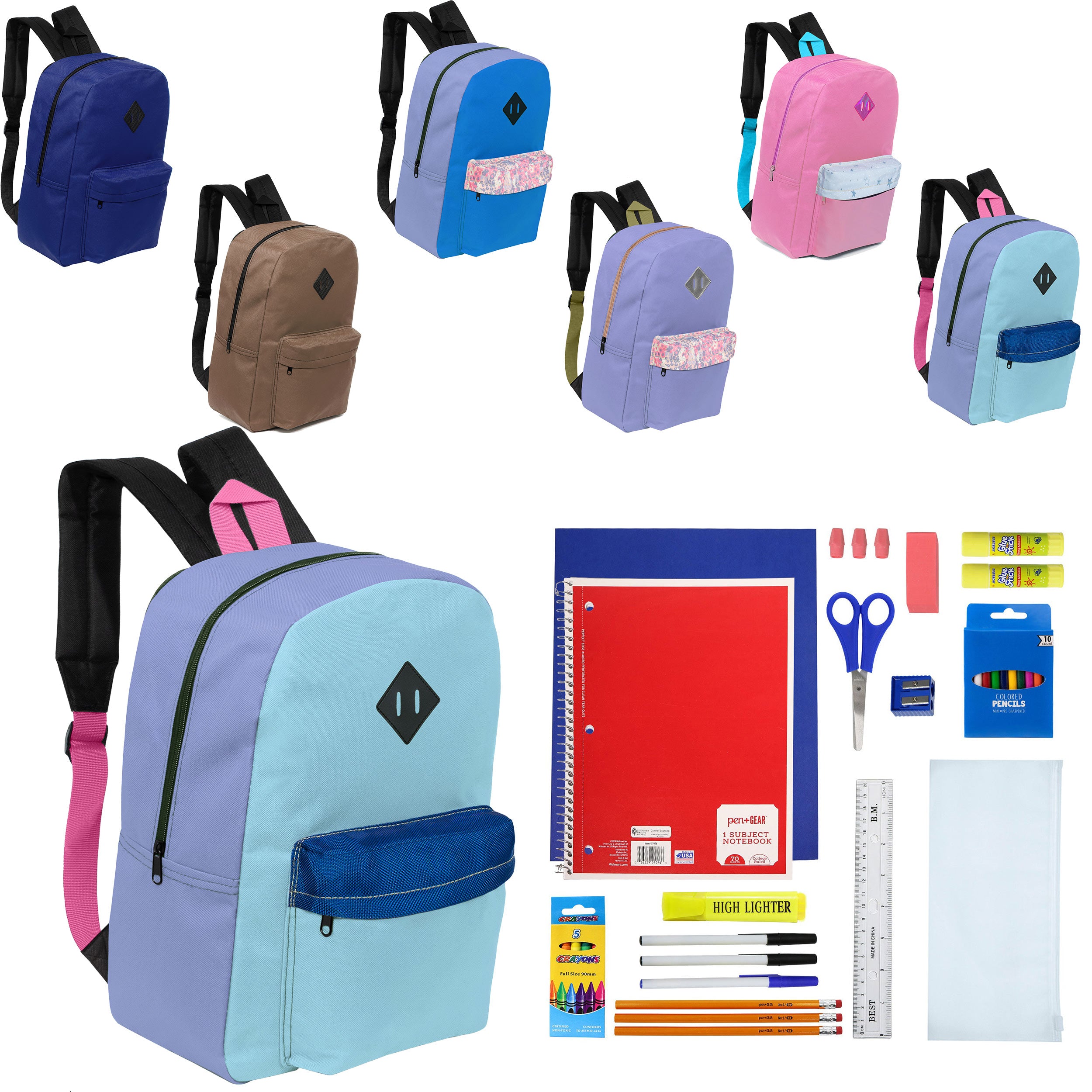12 Wholesale 17" Padded Backpacks in 6 Random Prints & 12 Bulk School Supply Kits of Your Choice