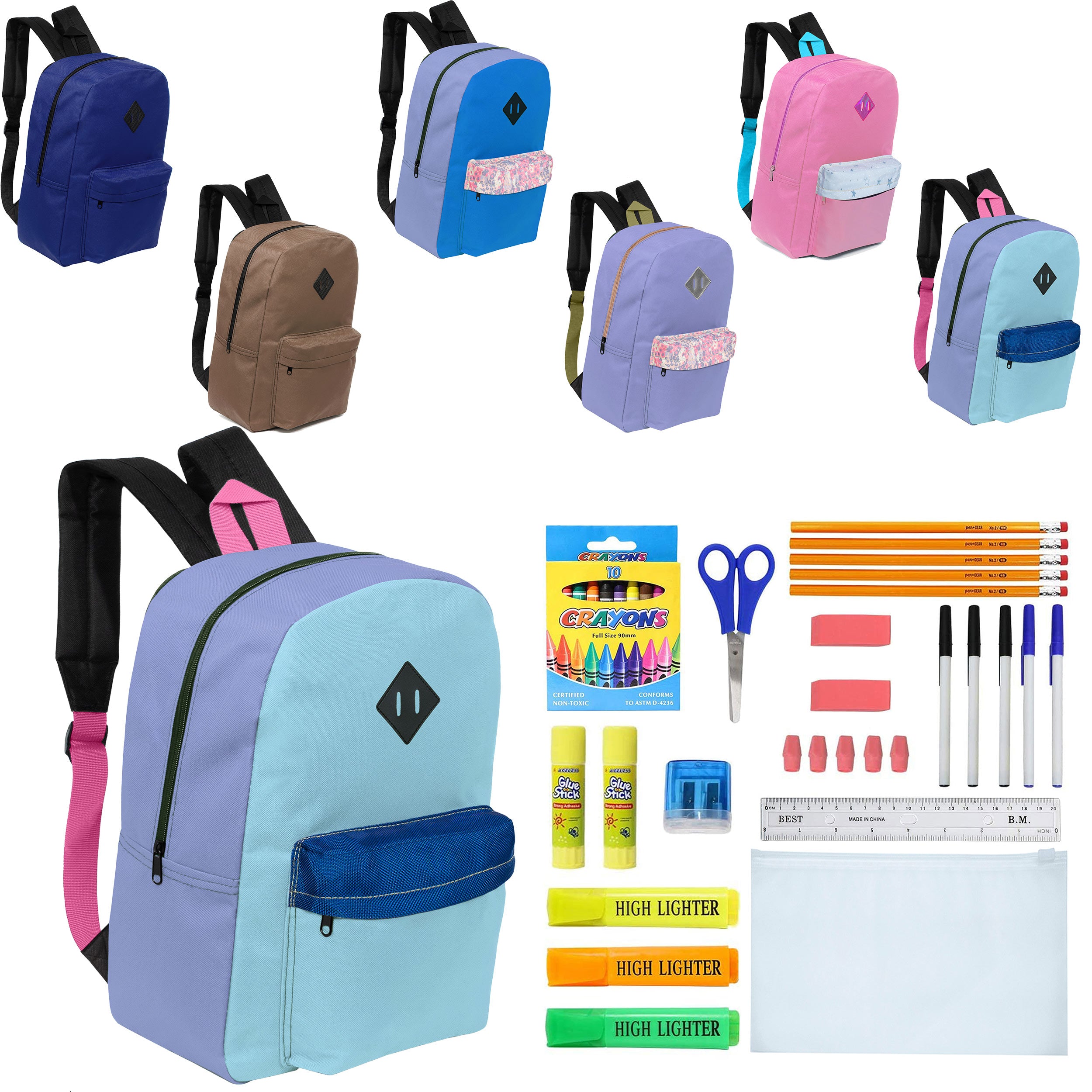 12 Wholesale 17" Padded Backpacks in 6 Random Prints & 12 Bulk School Supply Kits of Your Choice