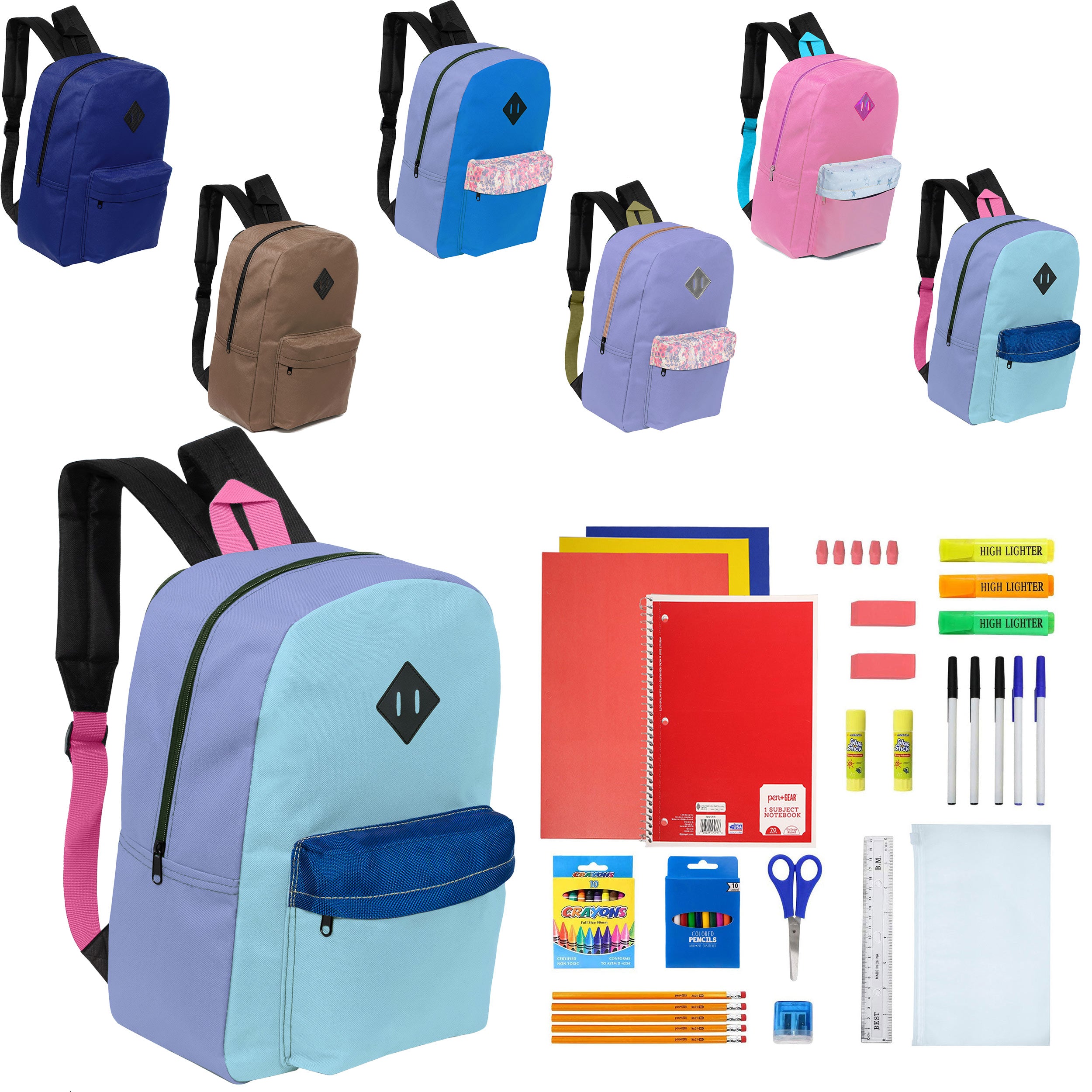 12 Wholesale 17" Padded Backpacks in 6 Random Prints & 12 Bulk School Supply Kits of Your Choice