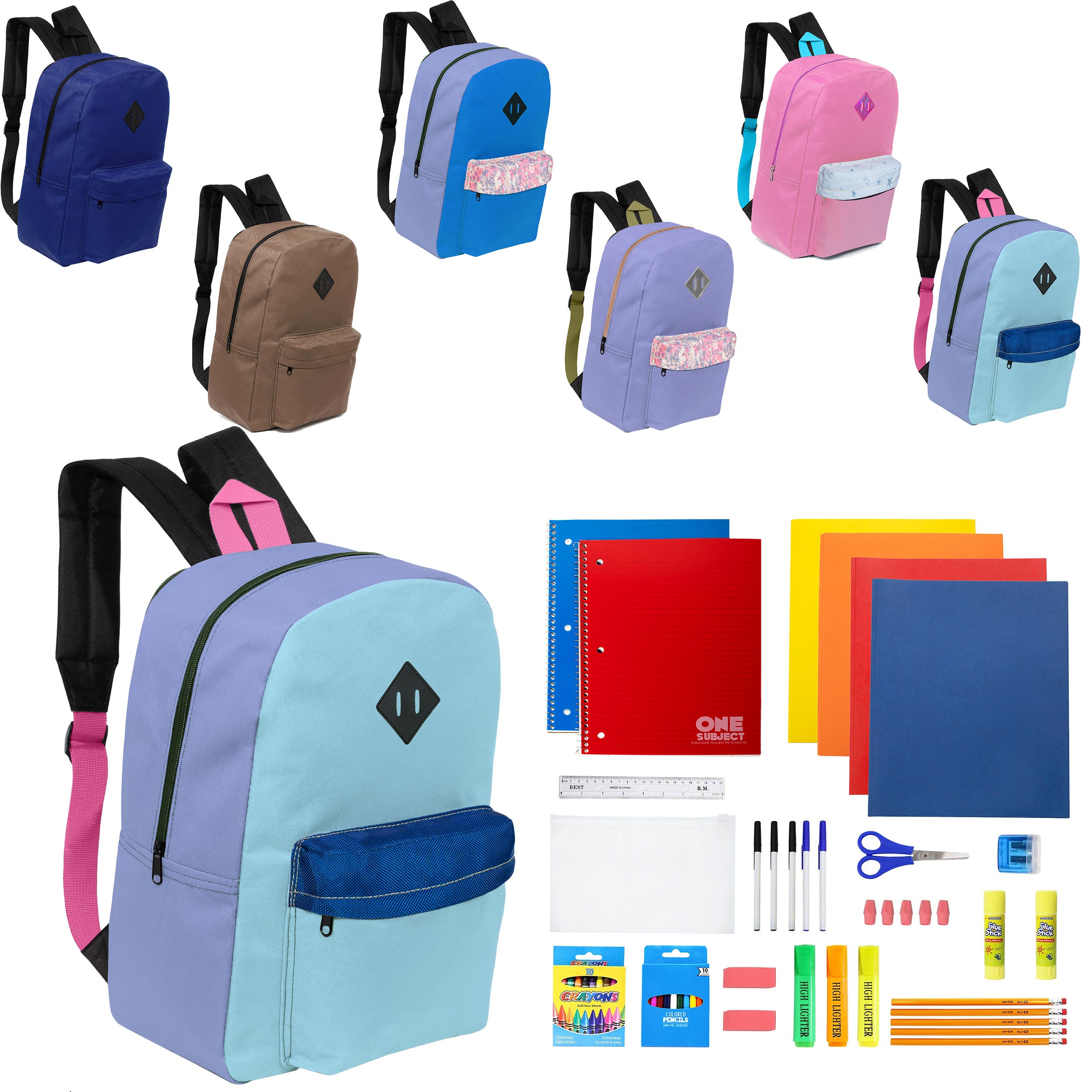 12 Wholesale 17" Padded Backpacks in 6 Random Prints & 12 Bulk School Supply Kits of Your Choice