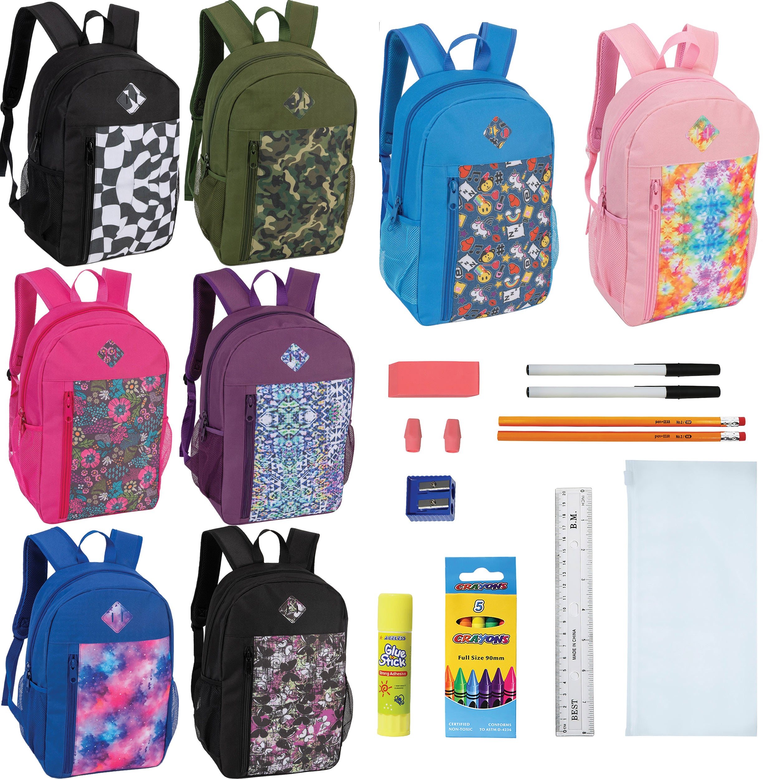 19" Padded Back Patterned Wholesale Backpacks & 12 Bulk School Supply Kits of Your Choice