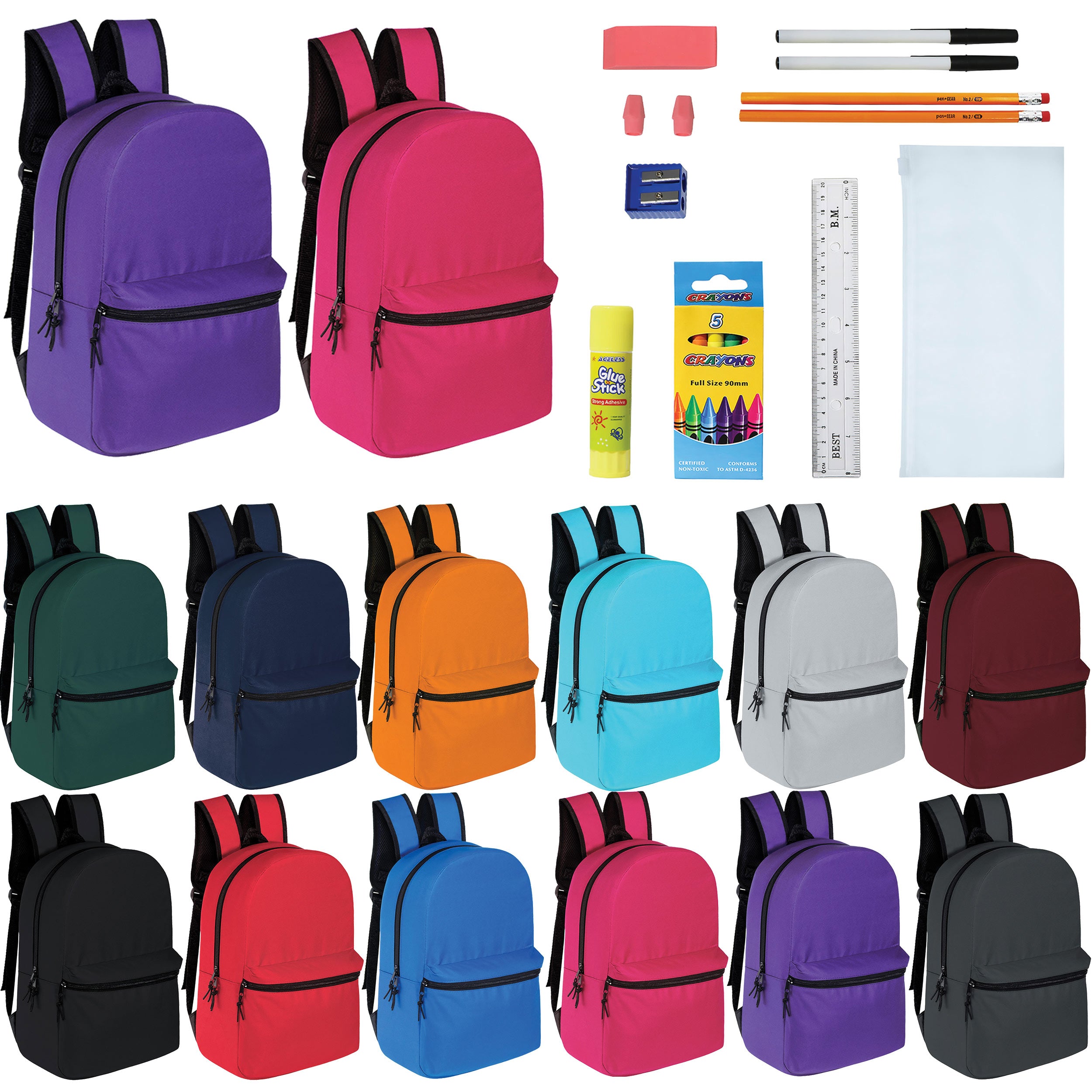 12 Wholesale 15" Backpacks in 12 Assorted Colors and 12 Bulk School Supply Kits of Your Choice