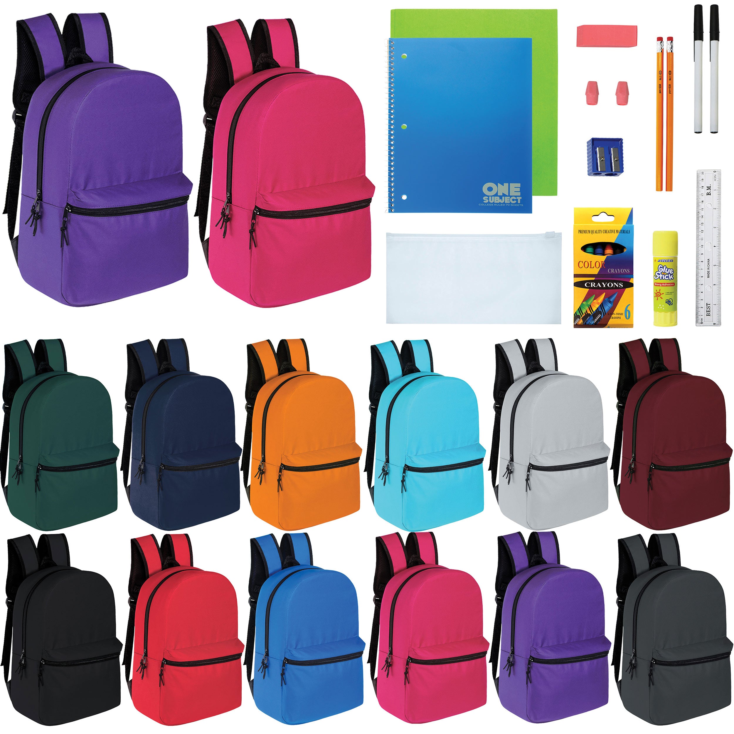 12 Wholesale 15" Backpacks in 12 Assorted Colors and 12 Bulk School Supply Kits of Your Choice
