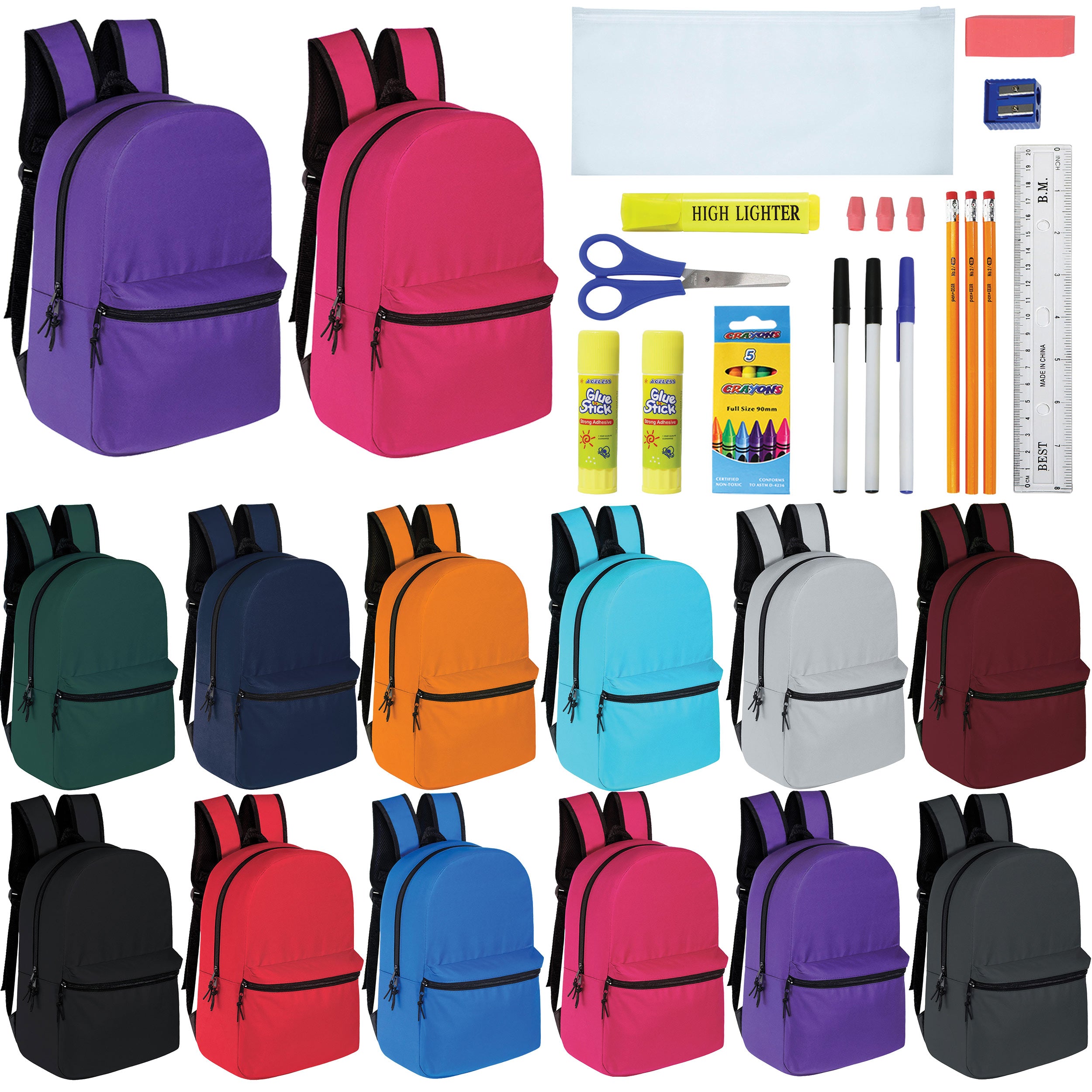 12 Wholesale 15" Backpacks in 12 Assorted Colors and 12 Bulk School Supply Kits of Your Choice