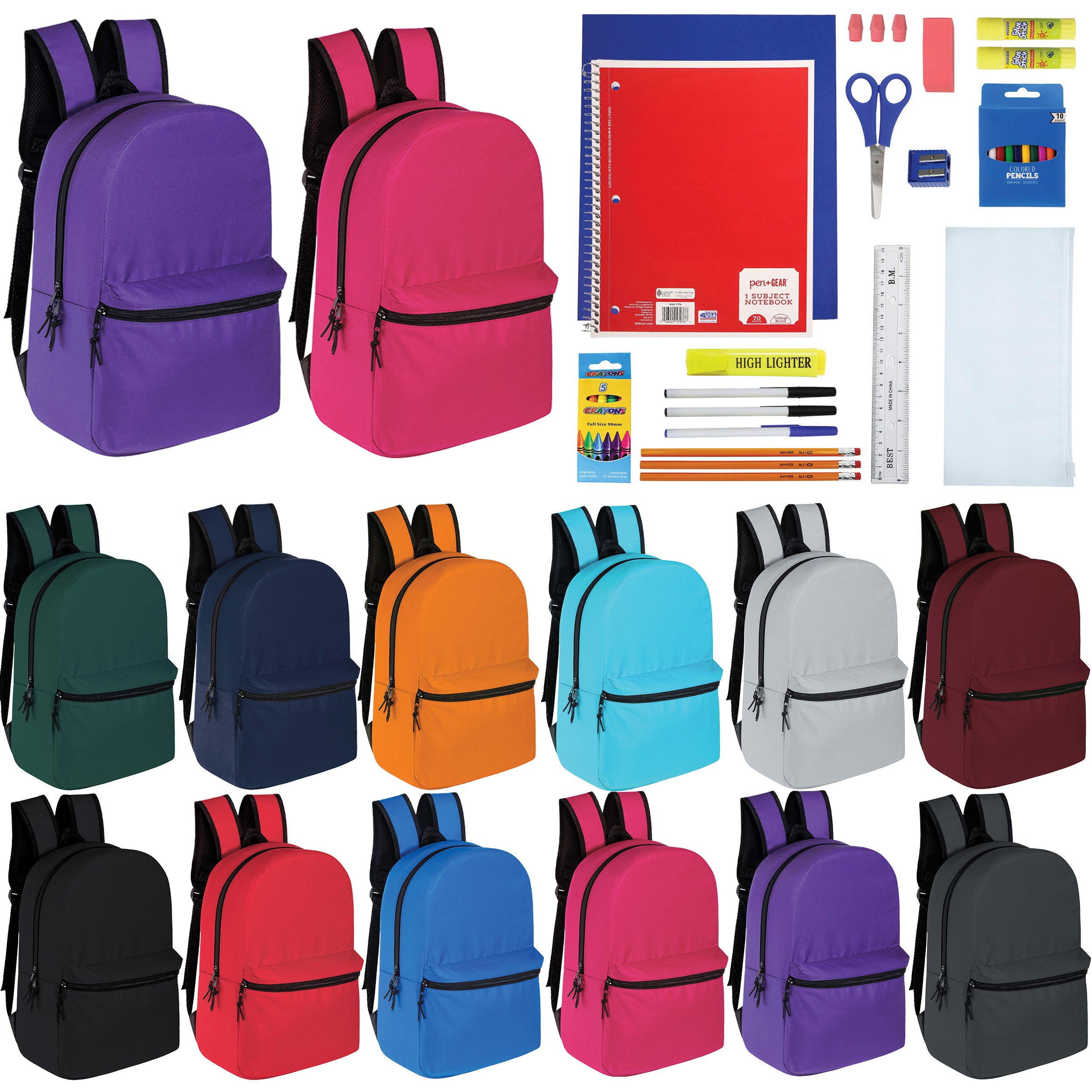 12 Wholesale 15" Backpacks in 12 Assorted Colors and 12 Bulk School Supply Kits of Your Choice