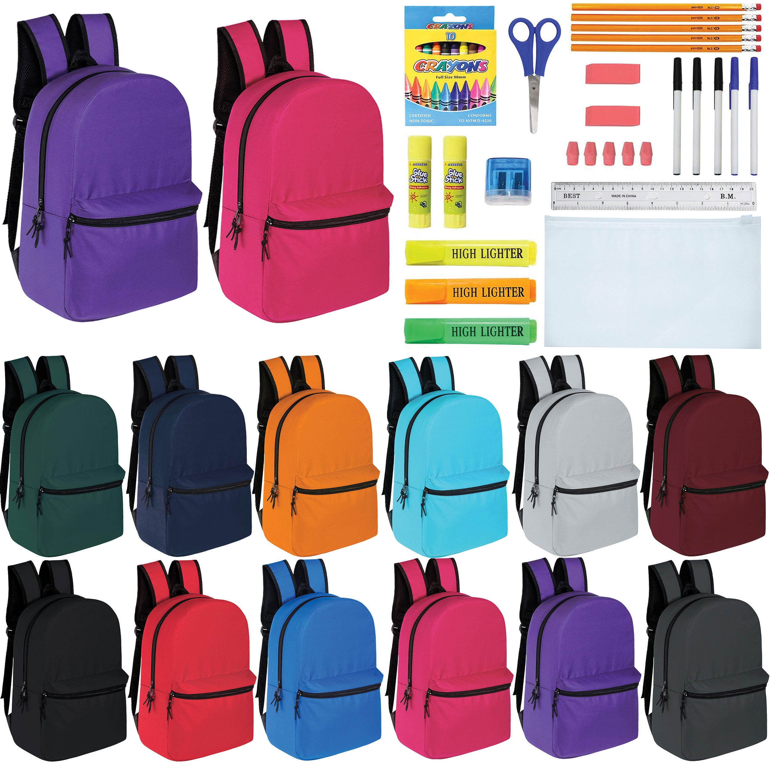 12 Wholesale 15" Backpacks in 12 Assorted Colors and 12 Bulk School Supply Kits of Your Choice