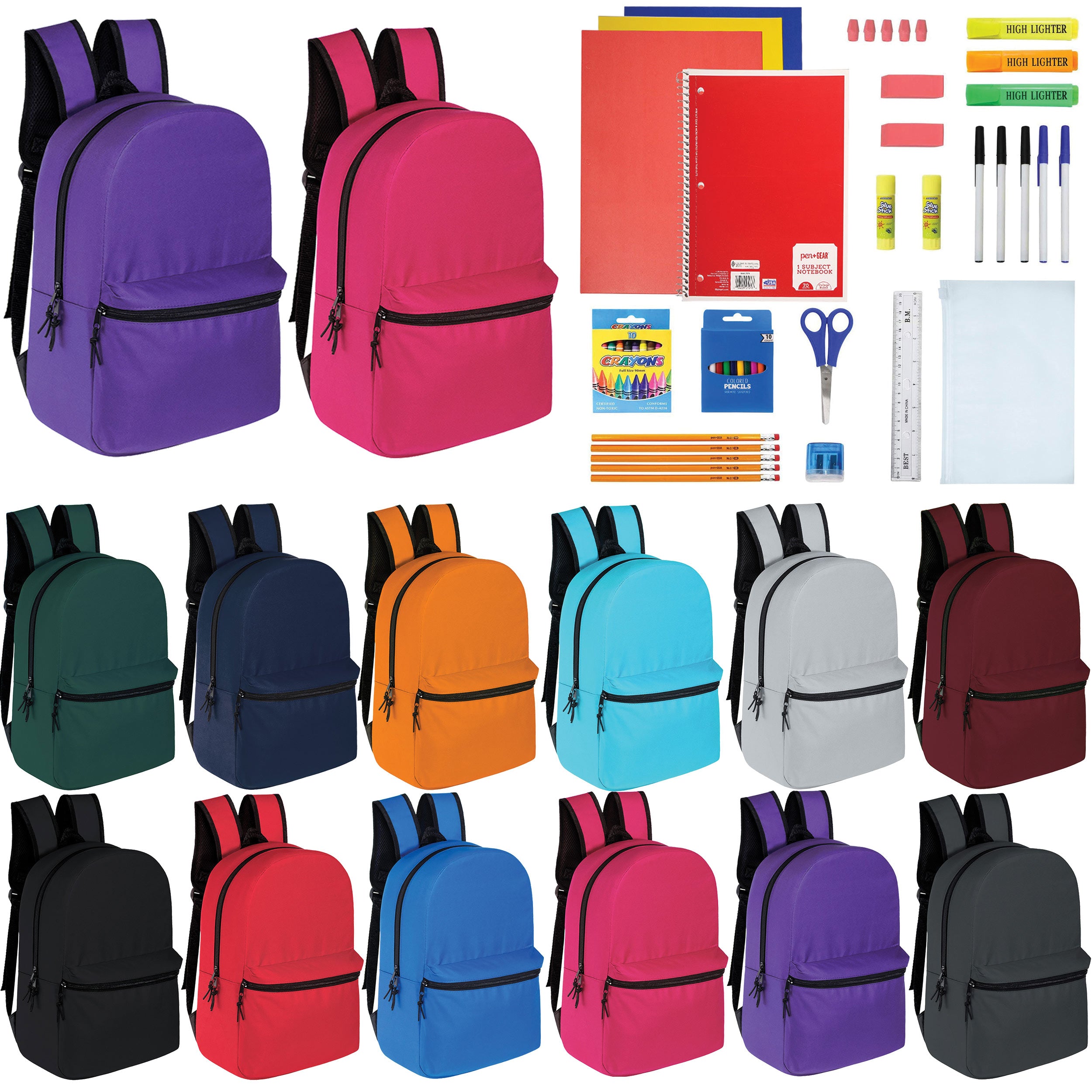 12 Wholesale 15" Backpacks in 12 Assorted Colors and 12 Bulk School Supply Kits of Your Choice