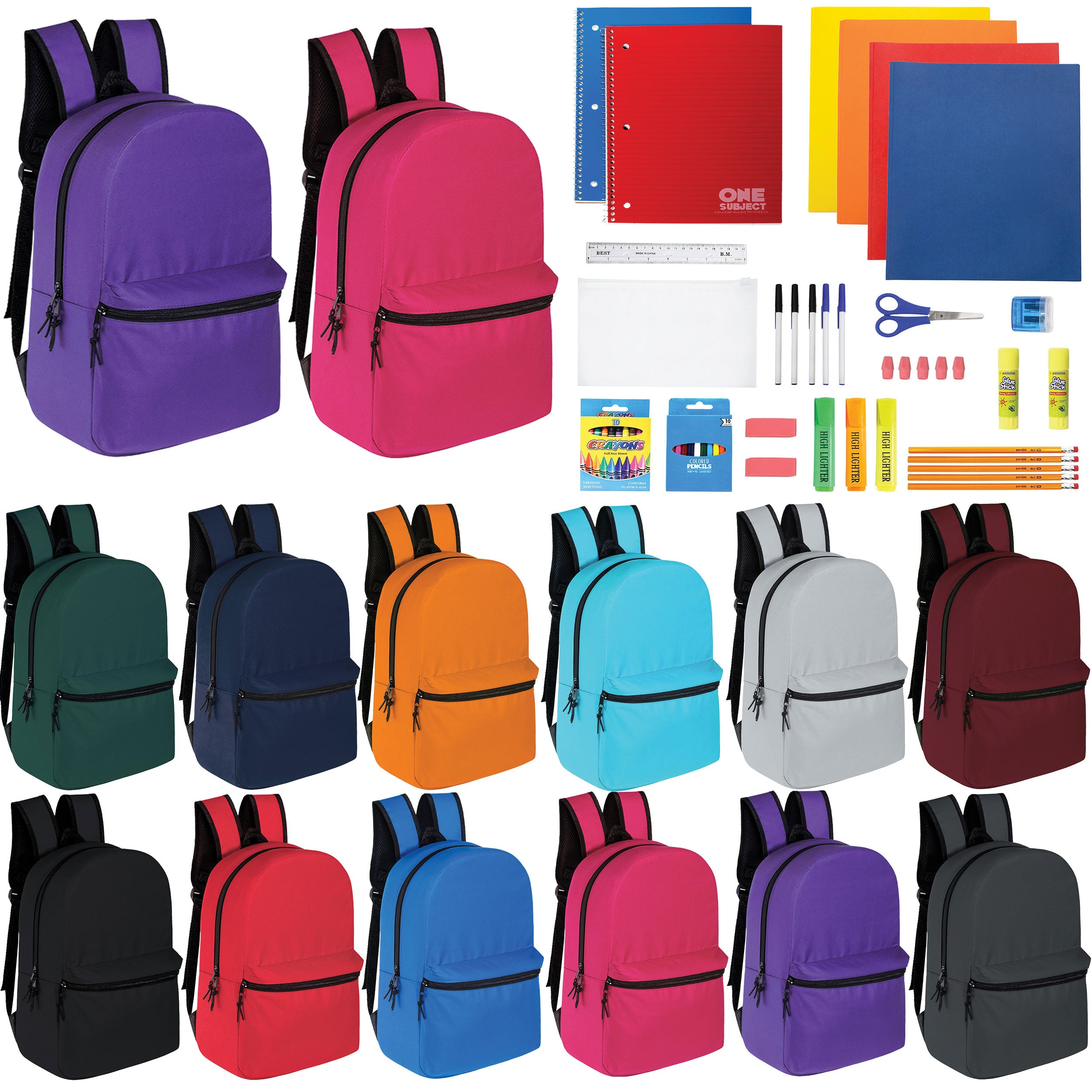 12 Wholesale 15" Backpacks in 12 Assorted Colors and 12 Bulk School Supply Kits of Your Choice