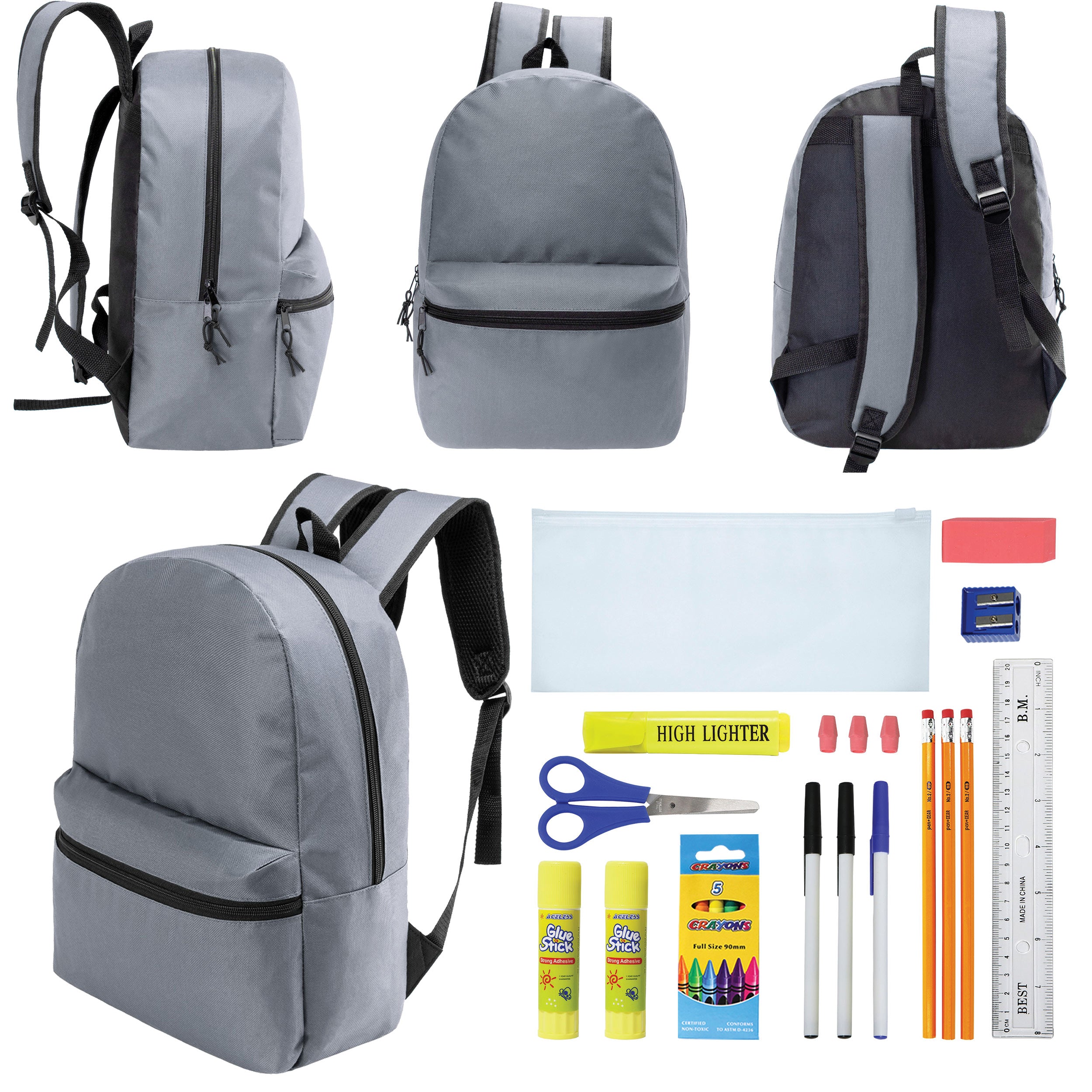 backpack for 17.5 laptop Bulk 17" Basic Backpacks in Gray & Kitted Wholesale School Supplies