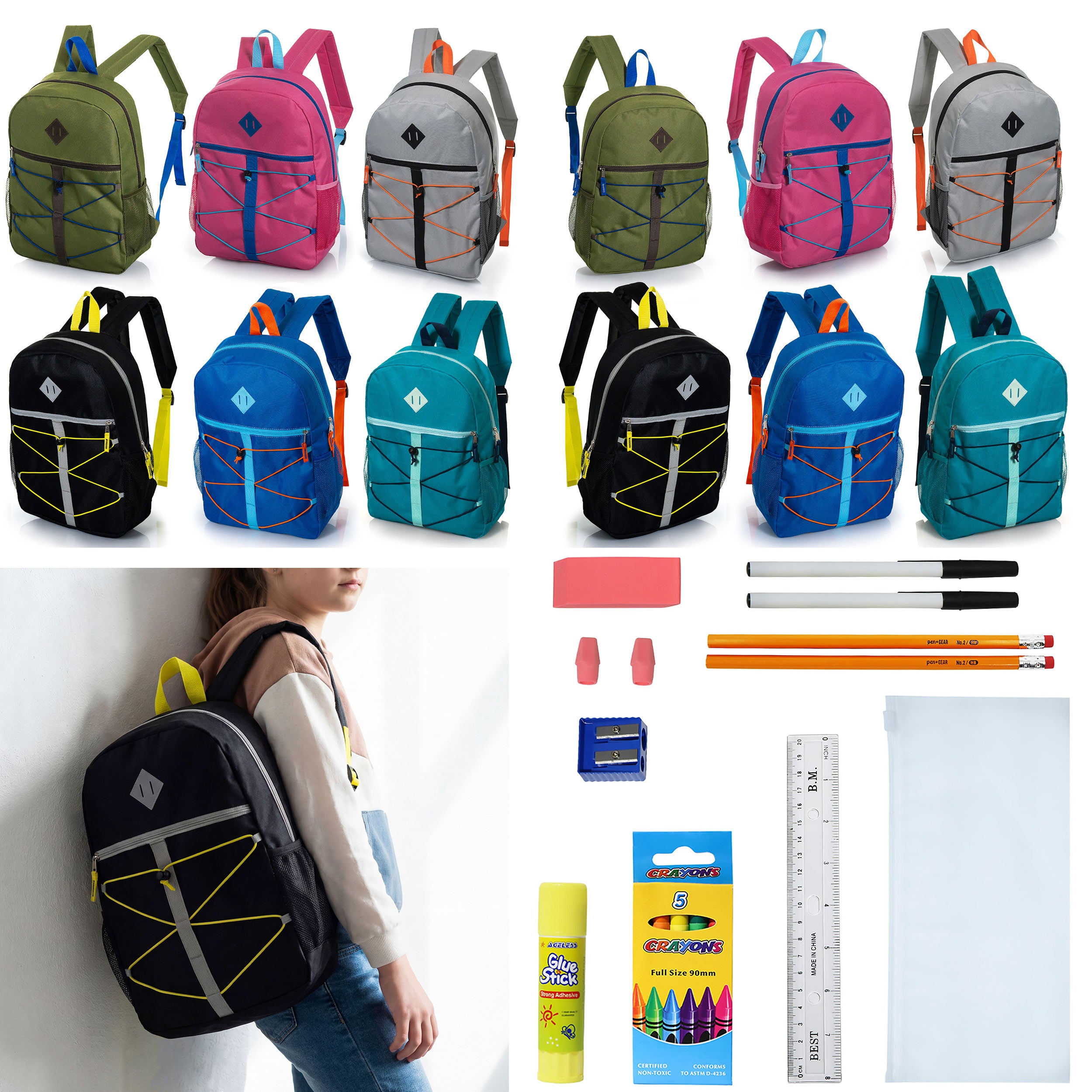 12 Wholesale 17" Bungee Backpack in 6 Colors & 12 Bulk School Supply Kits of Your Choice