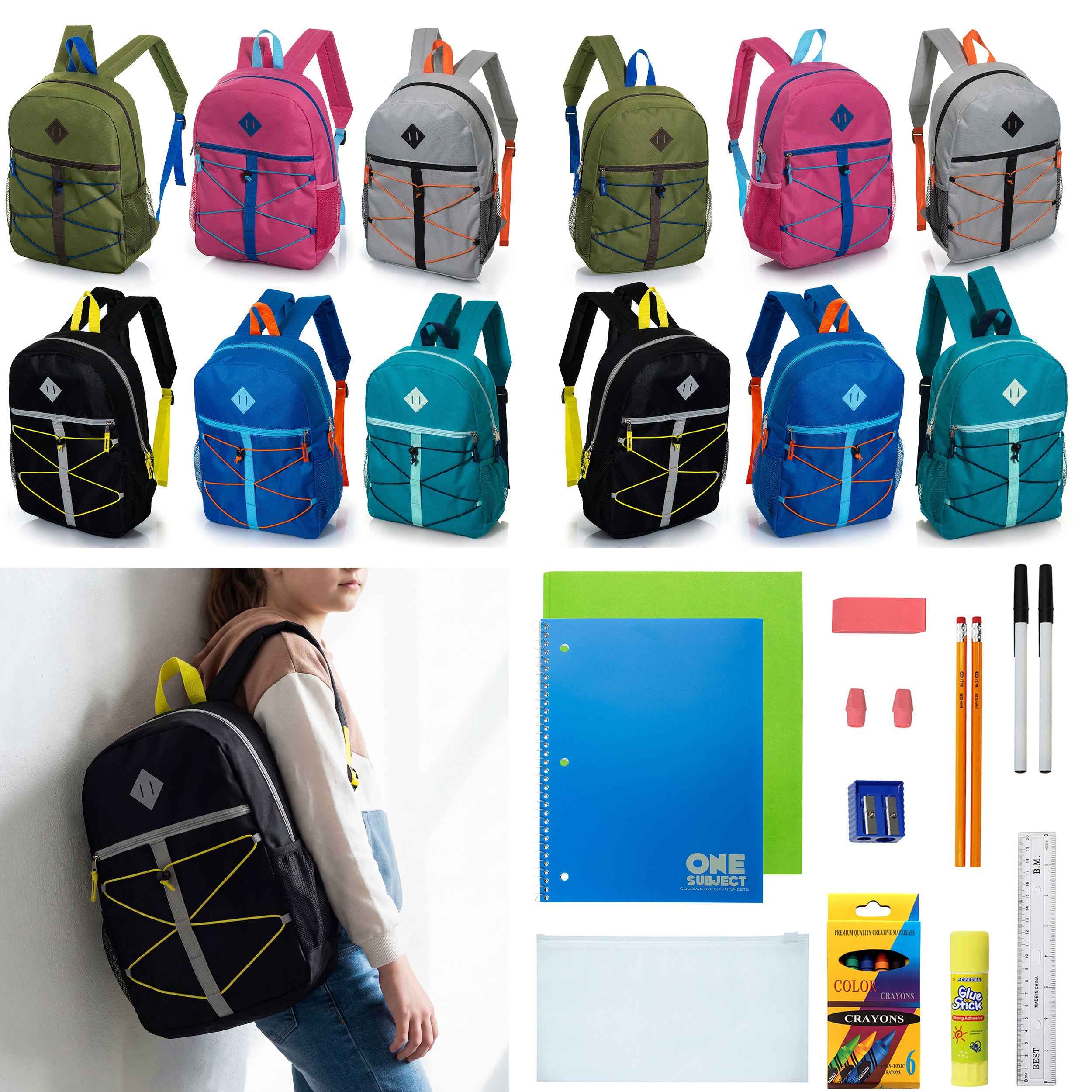 12 Wholesale 17" Bungee Backpack in 6 Colors & 12 Bulk School Supply Kits of Your Choice