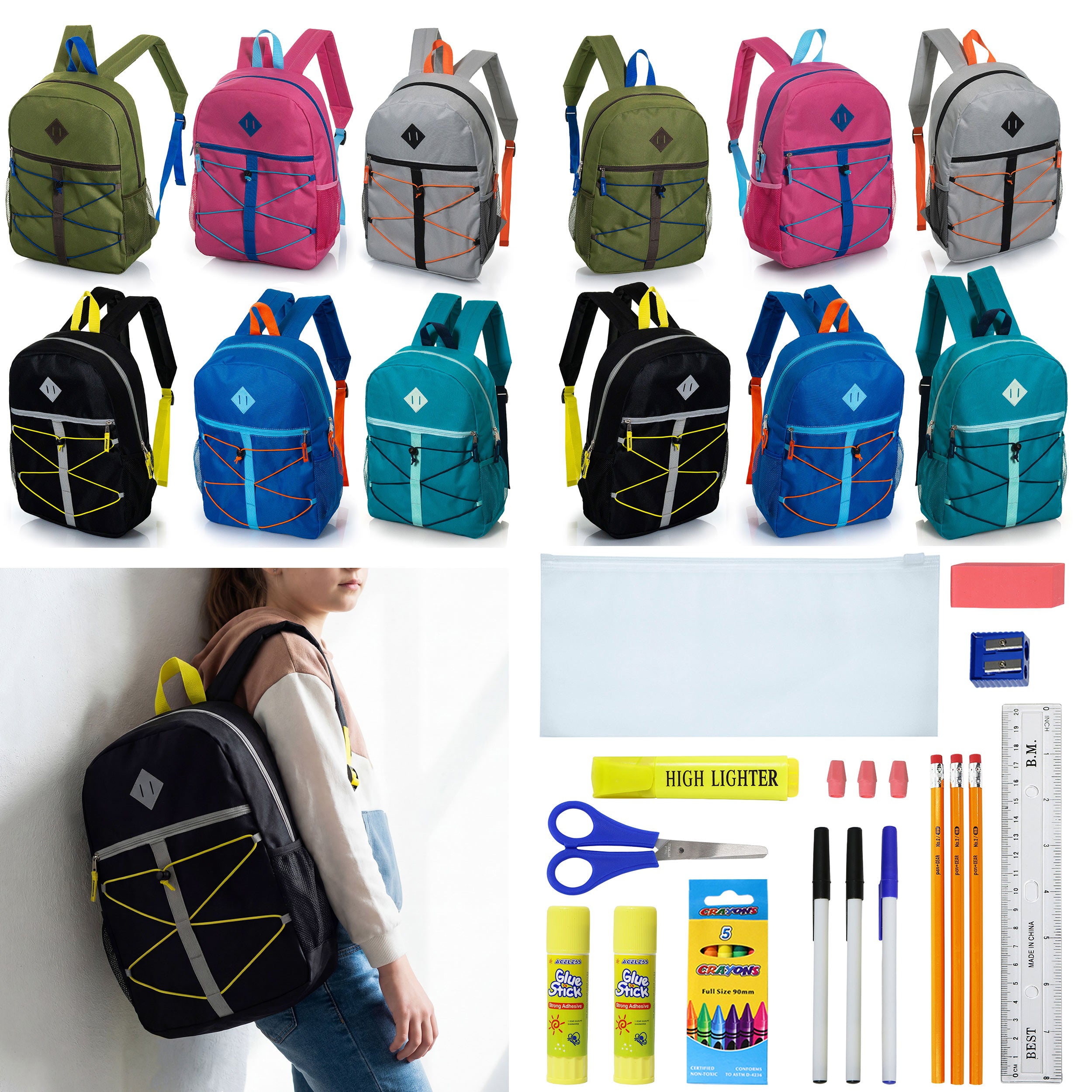 12 Wholesale 17" Bungee Backpack in 6 Colors & 12 Bulk School Supply Kits of Your Choice