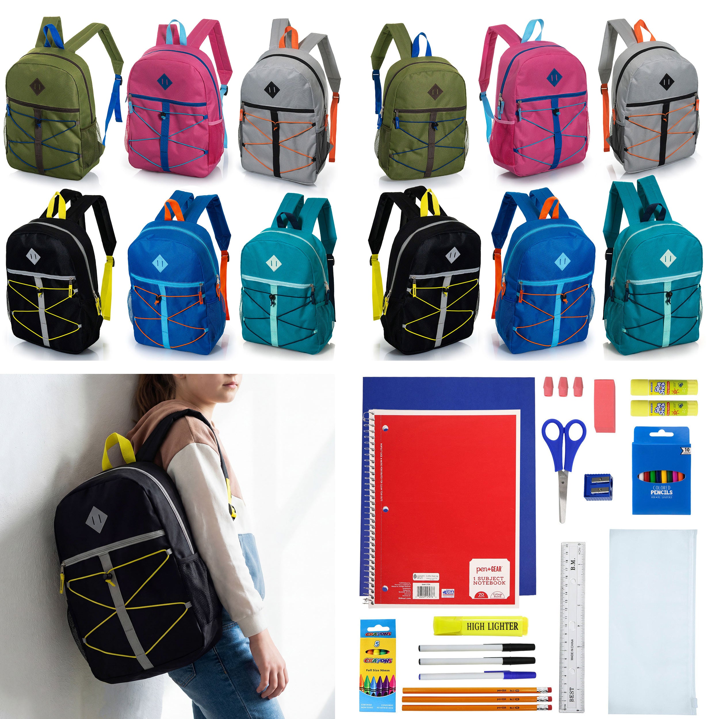 12 Wholesale 17" Bungee Backpack in 6 Colors & 12 Bulk School Supply Kits of Your Choice