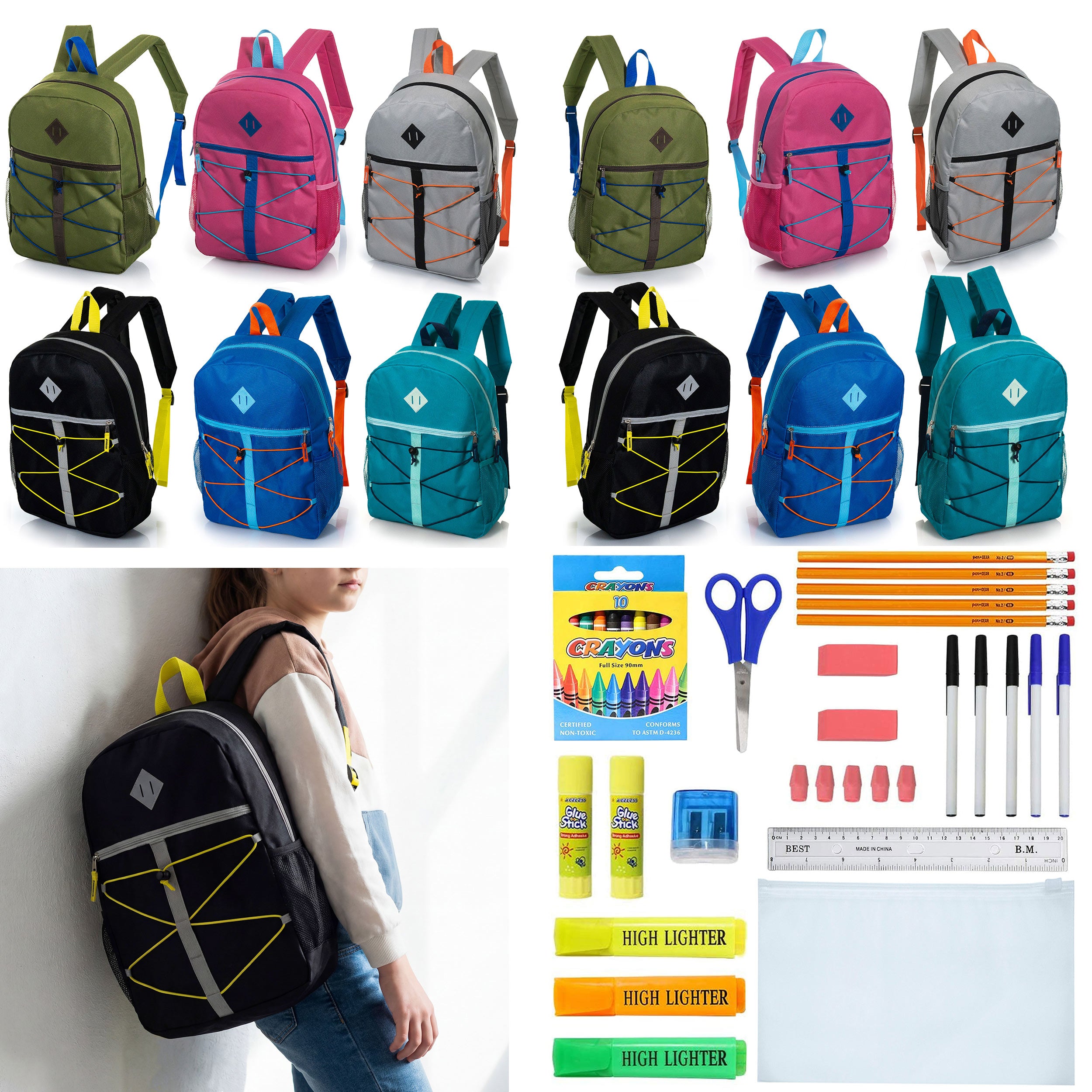 12 Wholesale 17" Bungee Backpack in 6 Colors & 12 Bulk School Supply Kits of Your Choice