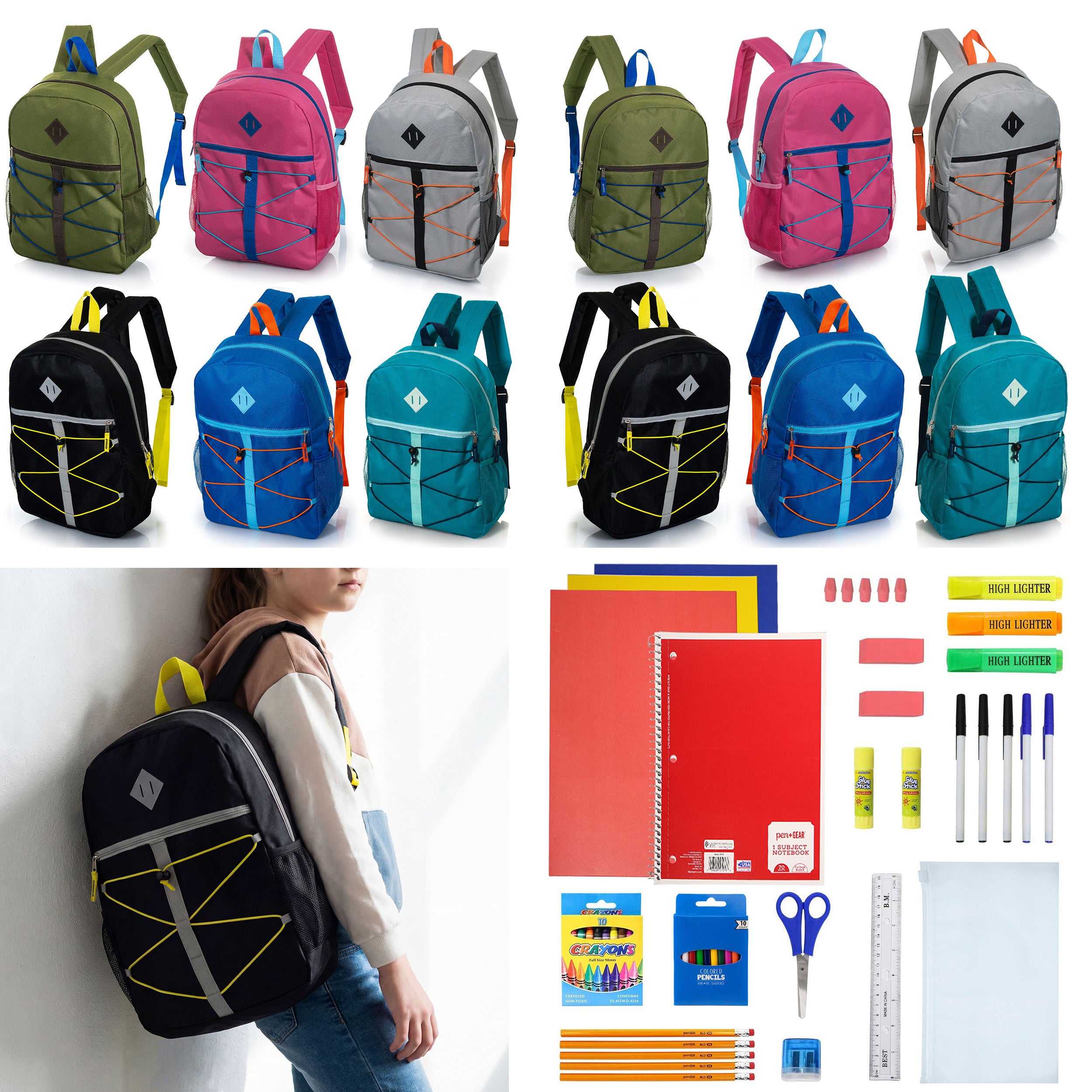 12 Wholesale 17" Bungee Backpack in 6 Colors & 12 Bulk School Supply Kits of Your Choice